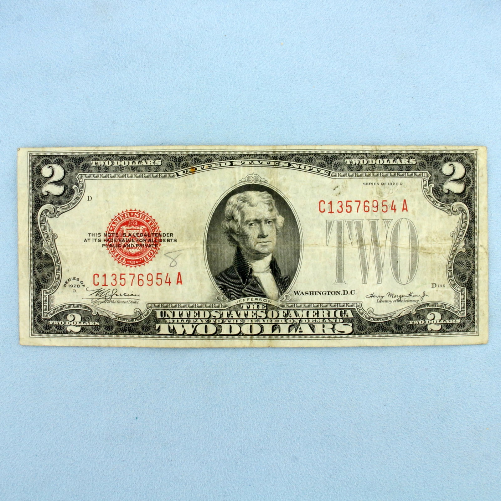 1928 or 1929 $2 Red Seal Federal Reserve Note Bill: One Bill. Condition as shown in picture.
