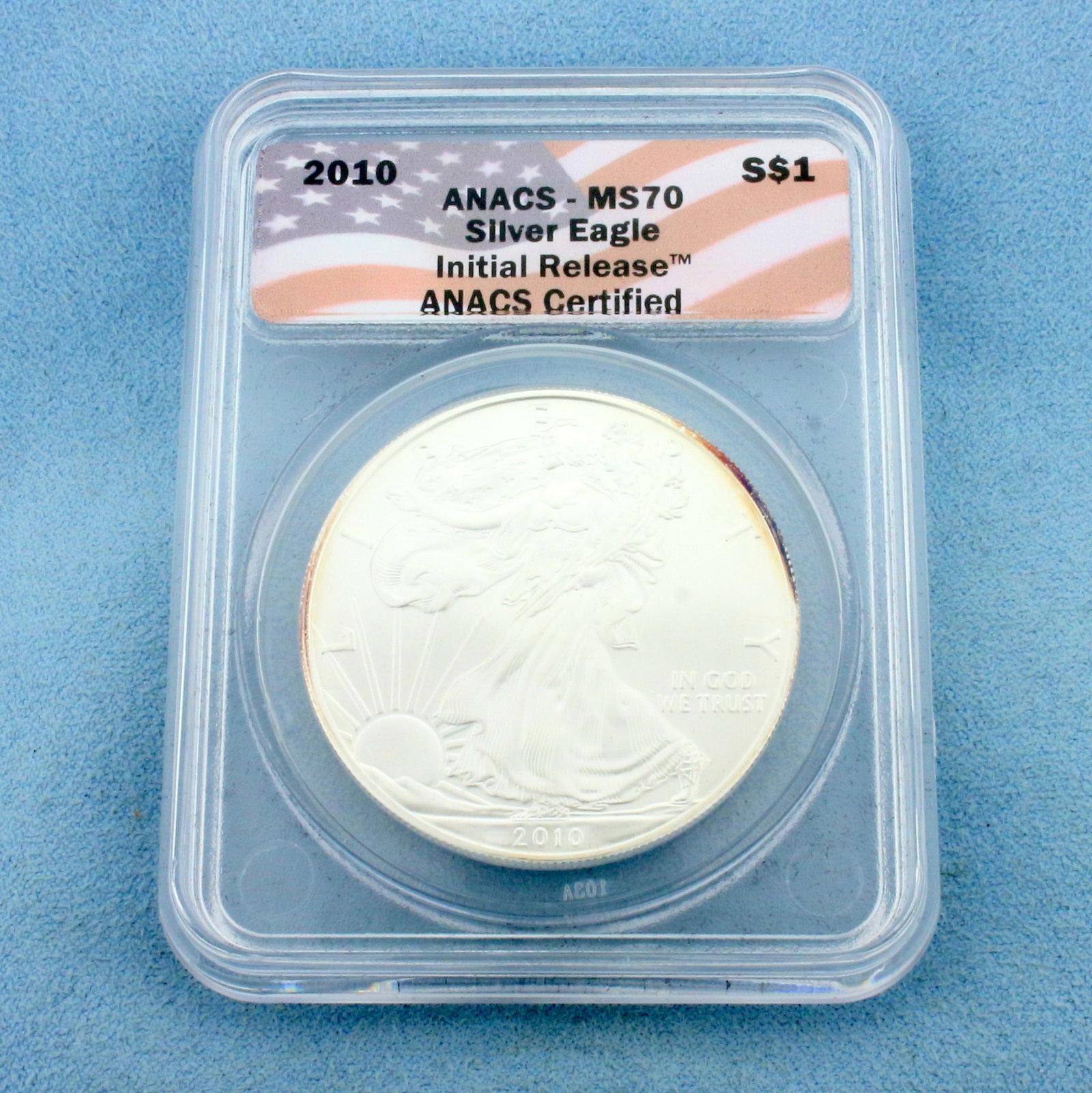 2010 ANACS Certified MS70 Silver Eagle Initial Release 1oz Silver Coin: 2010 1oz Fine Silver Eagle Coin. Set in casing.