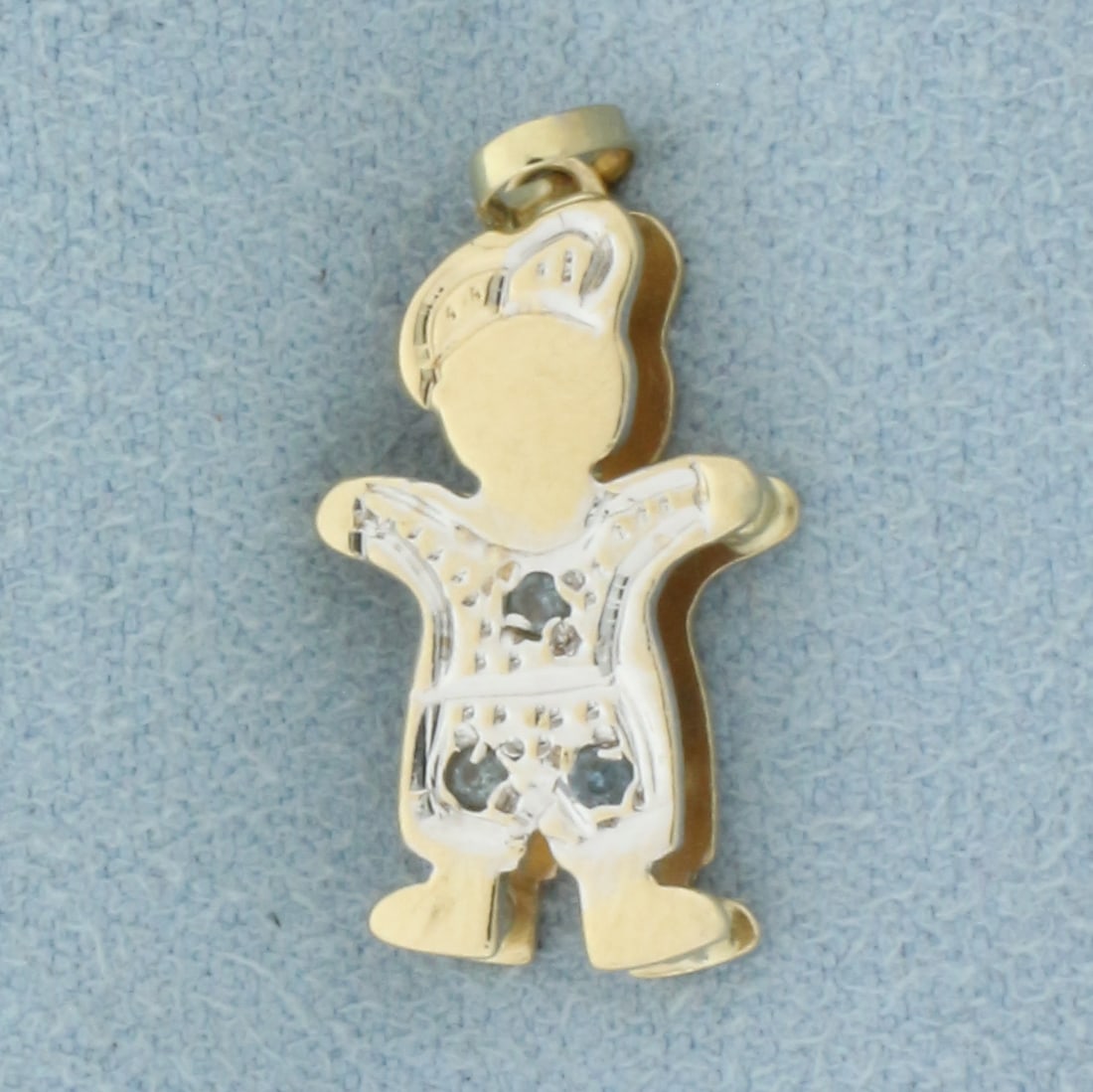 Aquamarine Little Boy Charm in 14k Yellow Gold: In 14k Yellow Gold. Contains three high quality natural 1.75mm Aquamarine gemstones with bright color and excellent clarity. 3/4 inch long. 1/2 inch wide. 1.7g.