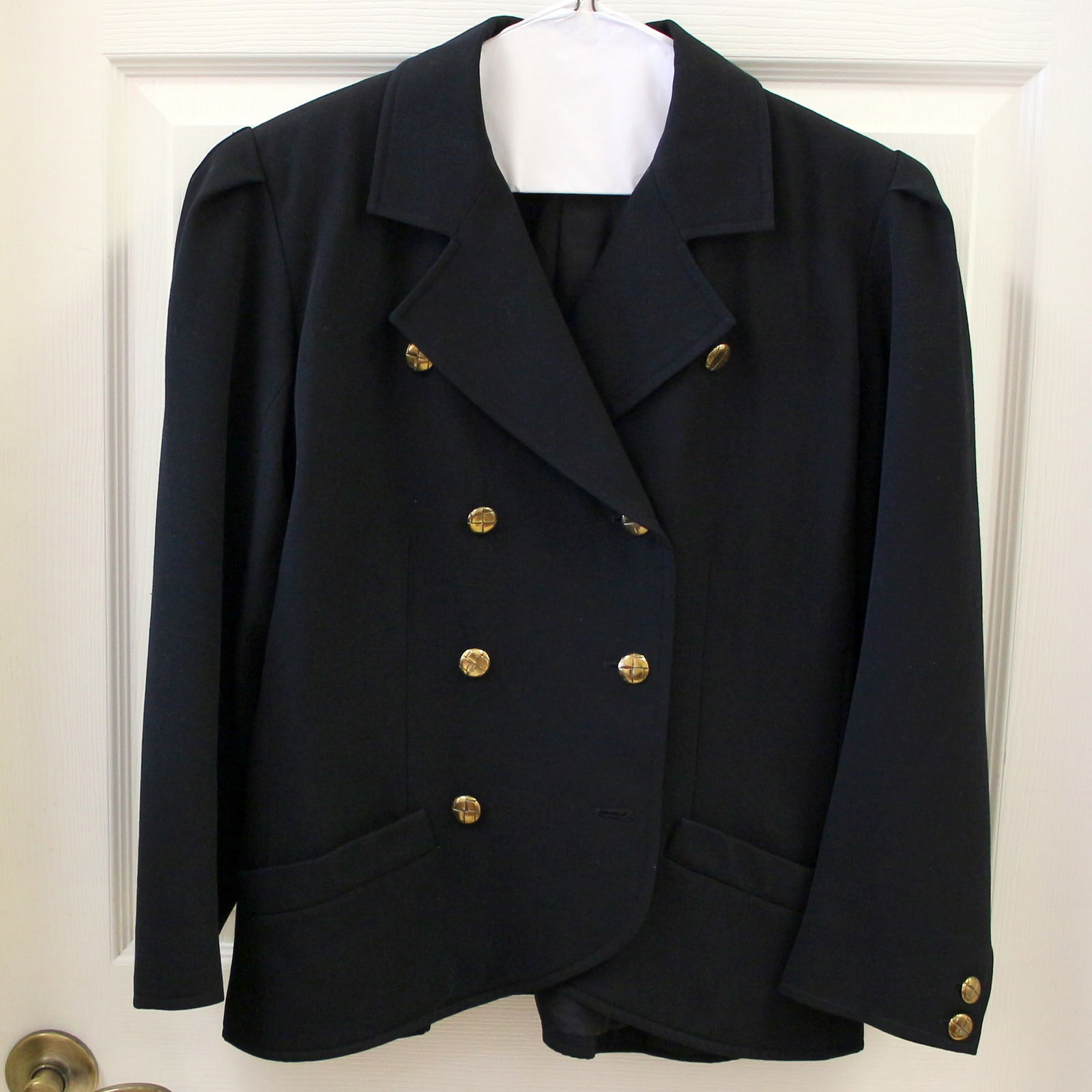 Saint Laurent YSL Rive Gauche Black Iconic Military Double Breasted Button Jacket 42: Vintage Saint Laurent Rive Gauche label. Size 42. Iconic military double breasted style with gold tone woven design buttons. Fully lined. Excellent vintage condition. Professionally cleaned.