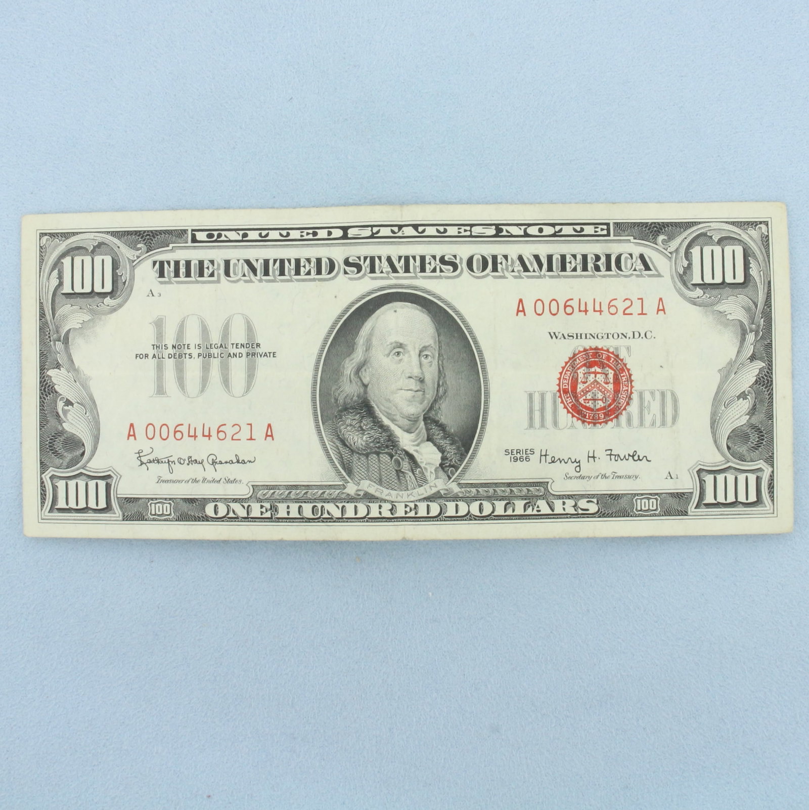 1966 $100 Red Seal Federal Reserve Note Bill Crisp Uncirculated: One Bill. Very fine condition, crisp, uncirculated.