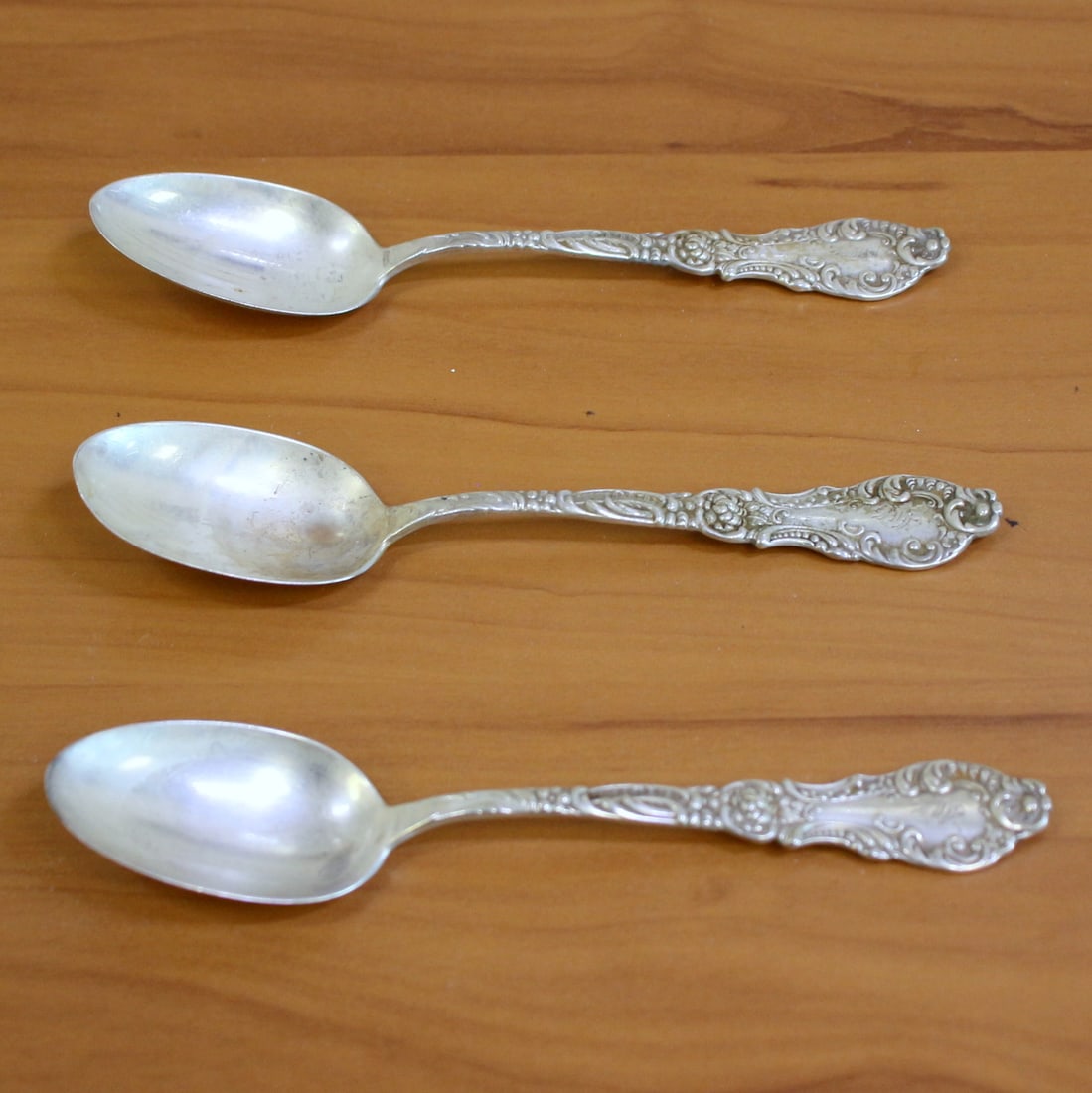 Frank W. Smith Crystal Sterling Silver Teaspoons Set of 3: In .925 Sterling Silver. Contains three teaspoons - 5 3/4 inches tall. Very light antique monogram. 77.0g.