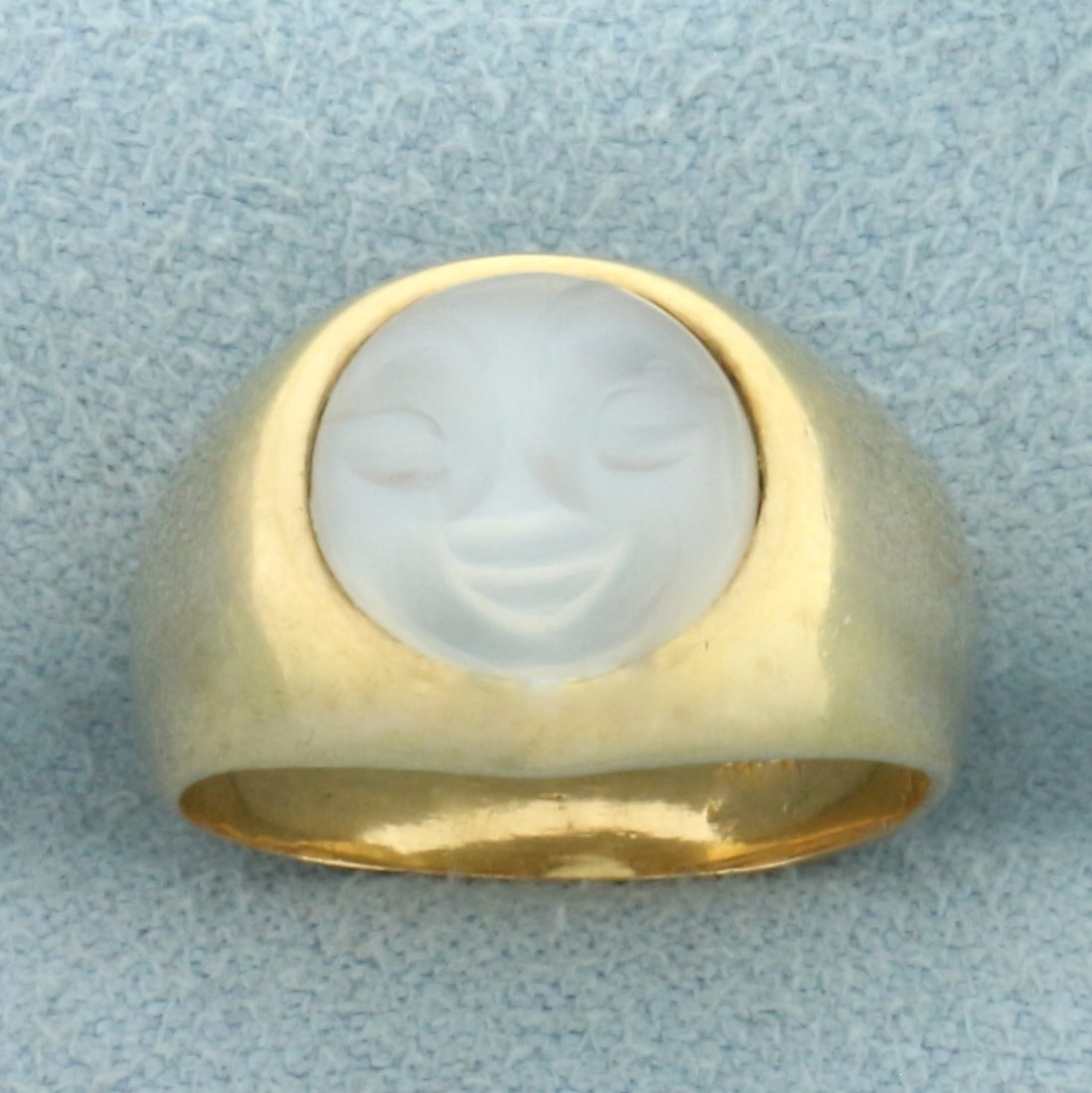 Moonstone Man in the Moon Ring in 14k Yellow Gold: In 14k Yellow Gold. Contains one 9mm high quality carved Moonstone gemstone. 11mm wide at top. Size 5. 6.1g.