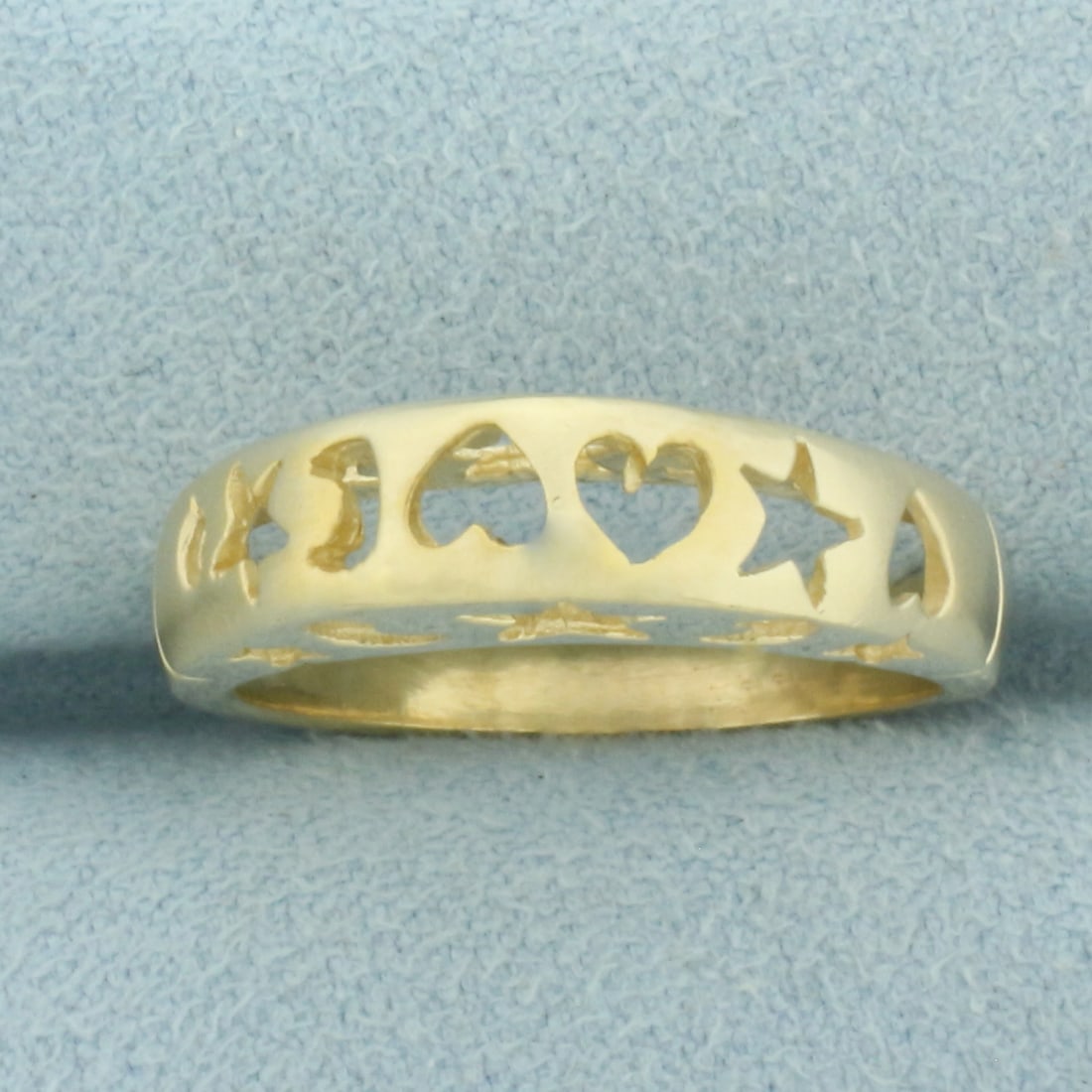 Heart Sun Moon Cut Out Ring in 14k Yellow Gold: In 14k Yellow Gold. 5mm wide. Size 7.5. 4.4g.