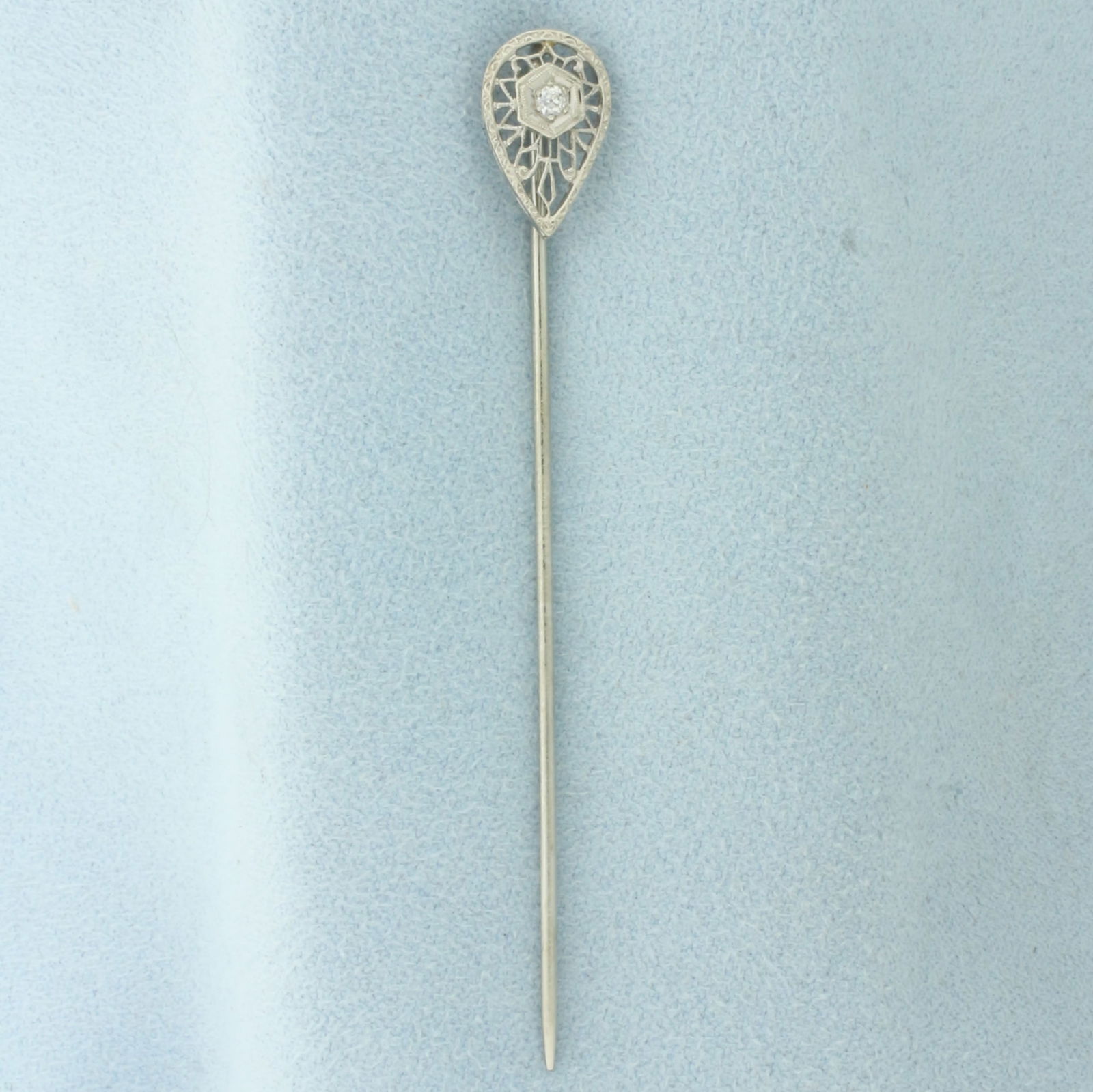 Antique Art Deco Old Mine Cut Diamond Stick Pin in 14k White Gold: In 14k White Gold. Contains one .05ct high quality old mine cut diamond, VS clarity/H color. 2 5/8 inches long. 1/4 inch wide. 1.5g.