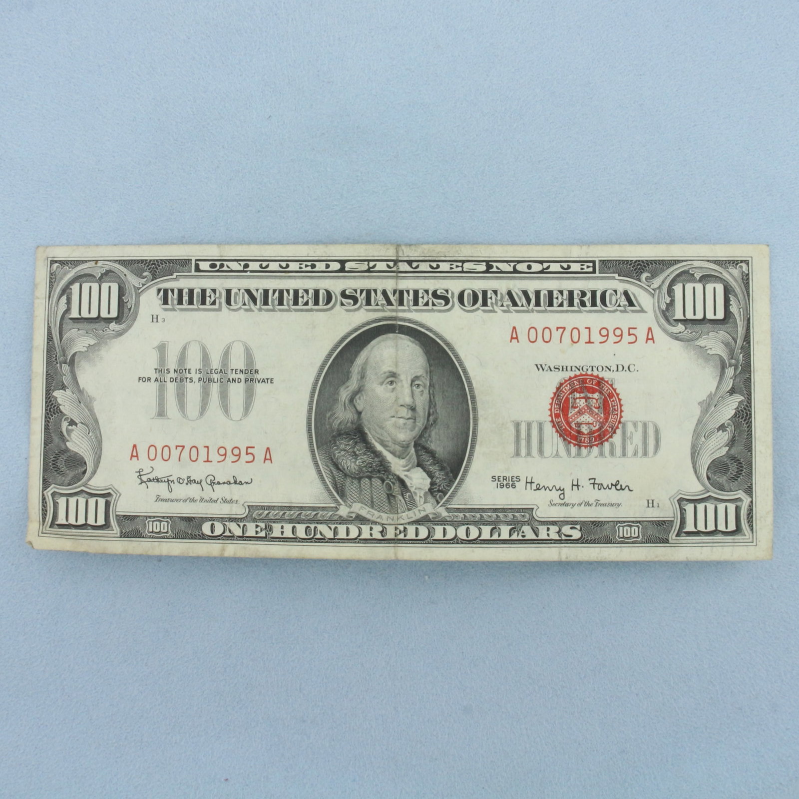 1966 $100 Red Seal Federal Reserve Note Bill Crisp Almost Uncirculated: One Bill. Fine condition, crisp. May have a minor defect like a fold, mark, or minor discoloration.