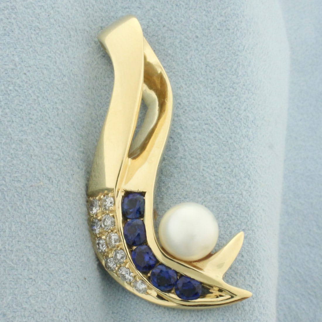 Designer Sapphire, Diamond, and Akoya Pearl Slide Pendant in 14k Yellow Gold (1 of 4)