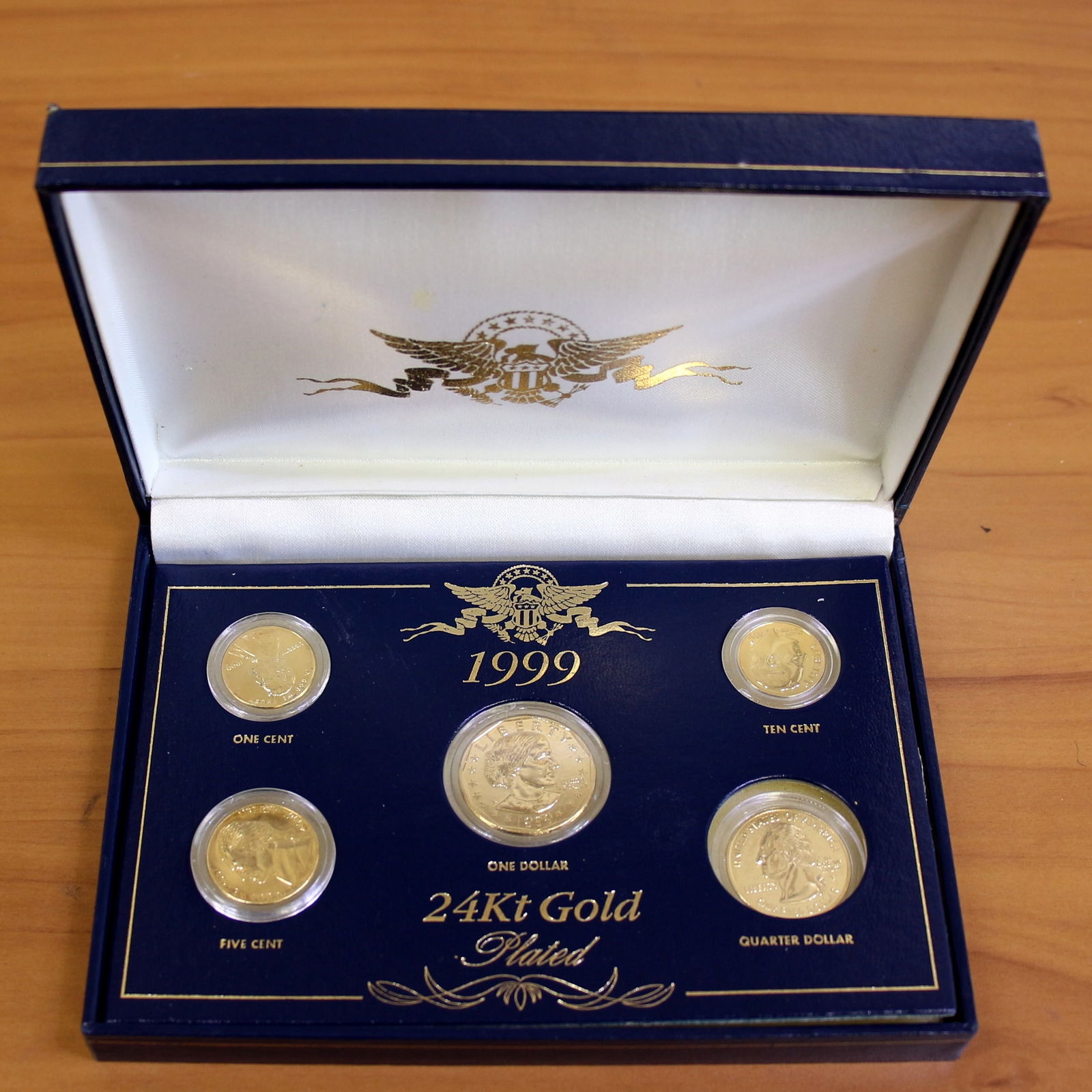 1999 Liberty 24kt Gold Plated 5-Coin Proof Set: Contains one 1999 Liberty 24kt Gold Plated 5-Coin Proof Set. Set in original packaging.