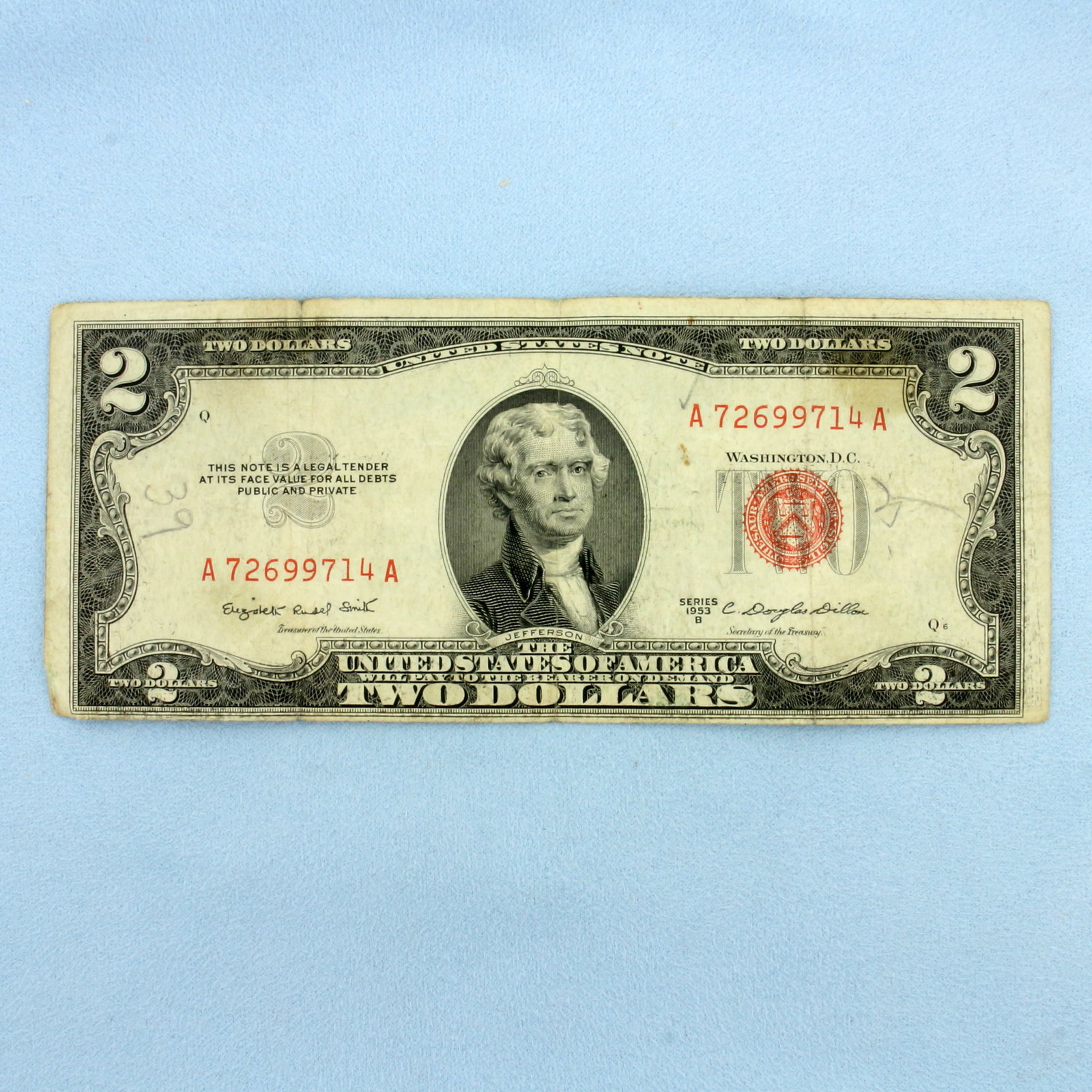 1953 $2 Red Seal Federal Reserve Note Bill: One Bill. Condition as shown in picture.
