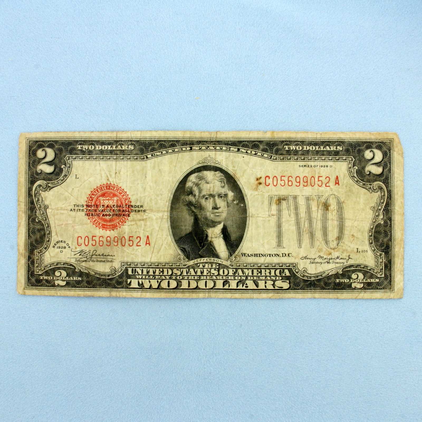 1928 $2 Red Seal Federal Reserve Note Bill: One Bill. Condition as shown in picture.