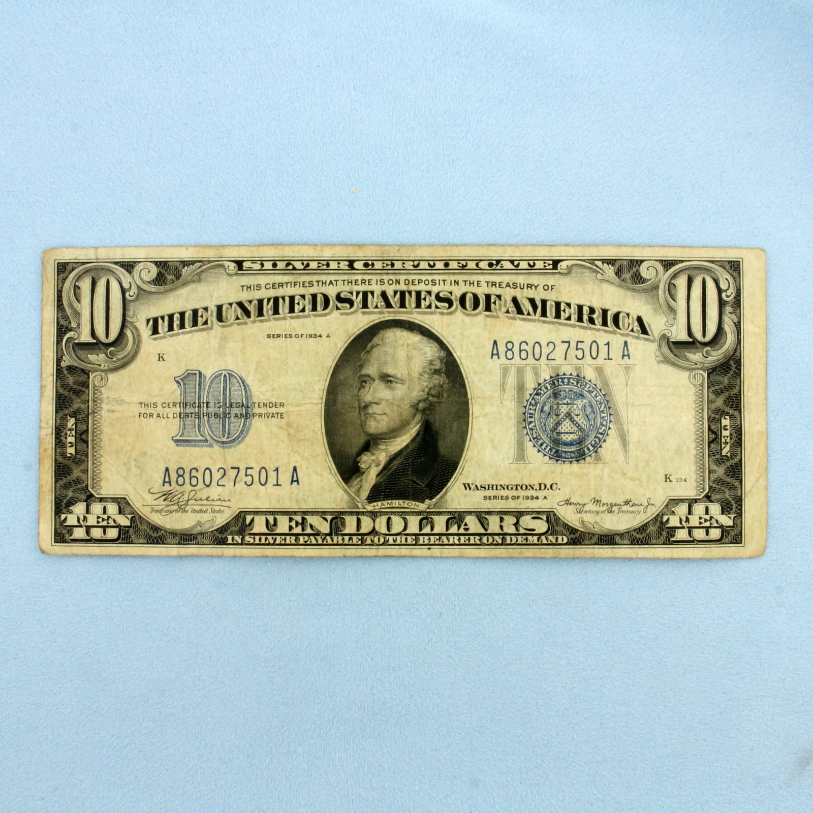 1934 $10 Blue Seal Federal Reserve Note Bill: One Bill. Condition as shown in picture.