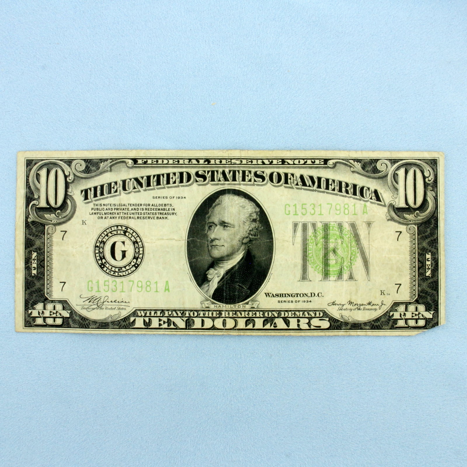 1934 $10 Green Seal Federal Reserve Note Bill: One Bill. Condition as shown in picture.