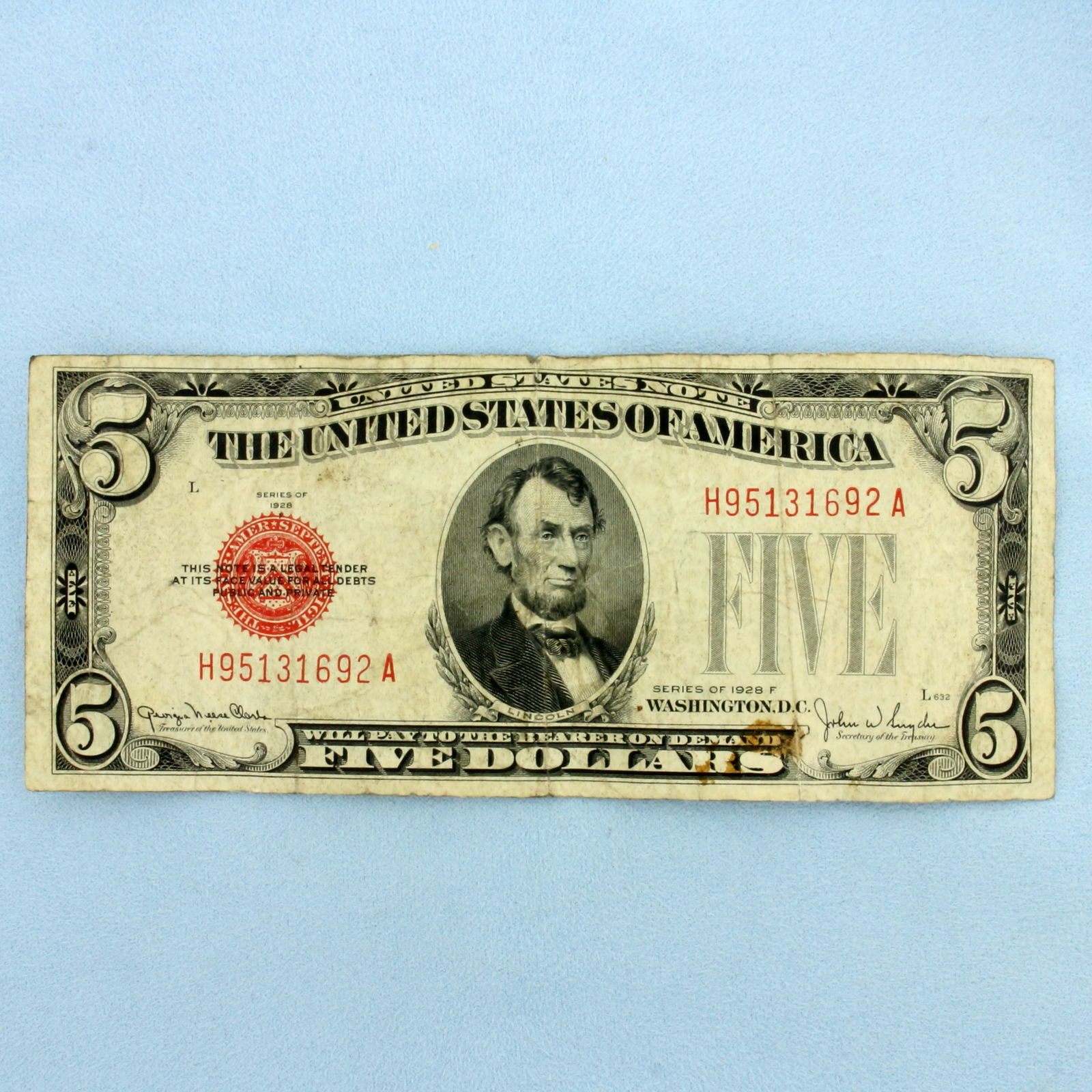 1928 $5 Red Seal Federal Reserve Note Bill: One Bill. Condition as shown in picture.