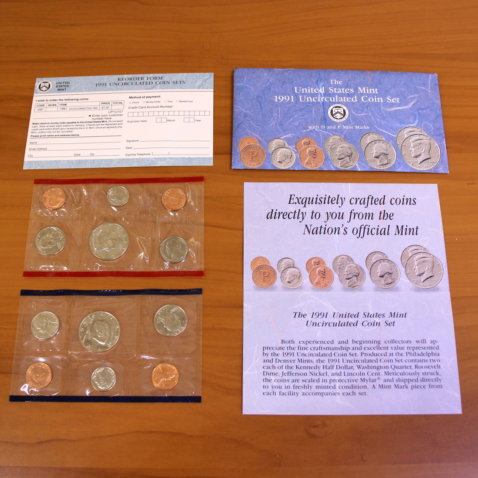 1991 US Mint Uncirculated Coin Set OGP and COA: Contains one 1991 uncirculated Denver Mint and Philadelphia Mint proof coin sets. Original government envelope and certificate of authenticity.