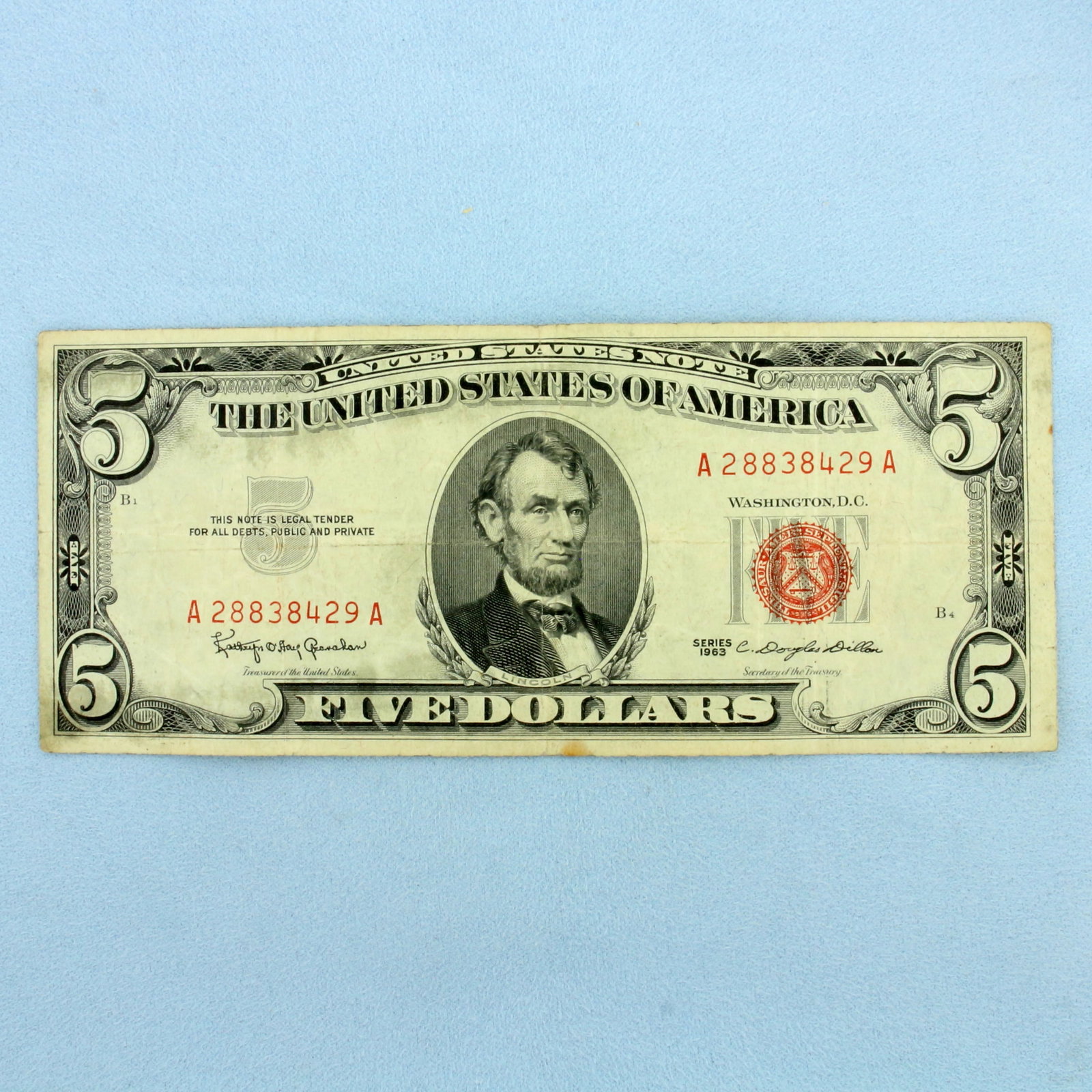 1963 $5 Red Seal Federal Reserve Note Bill: One Bill. Condition as shown in picture. 5