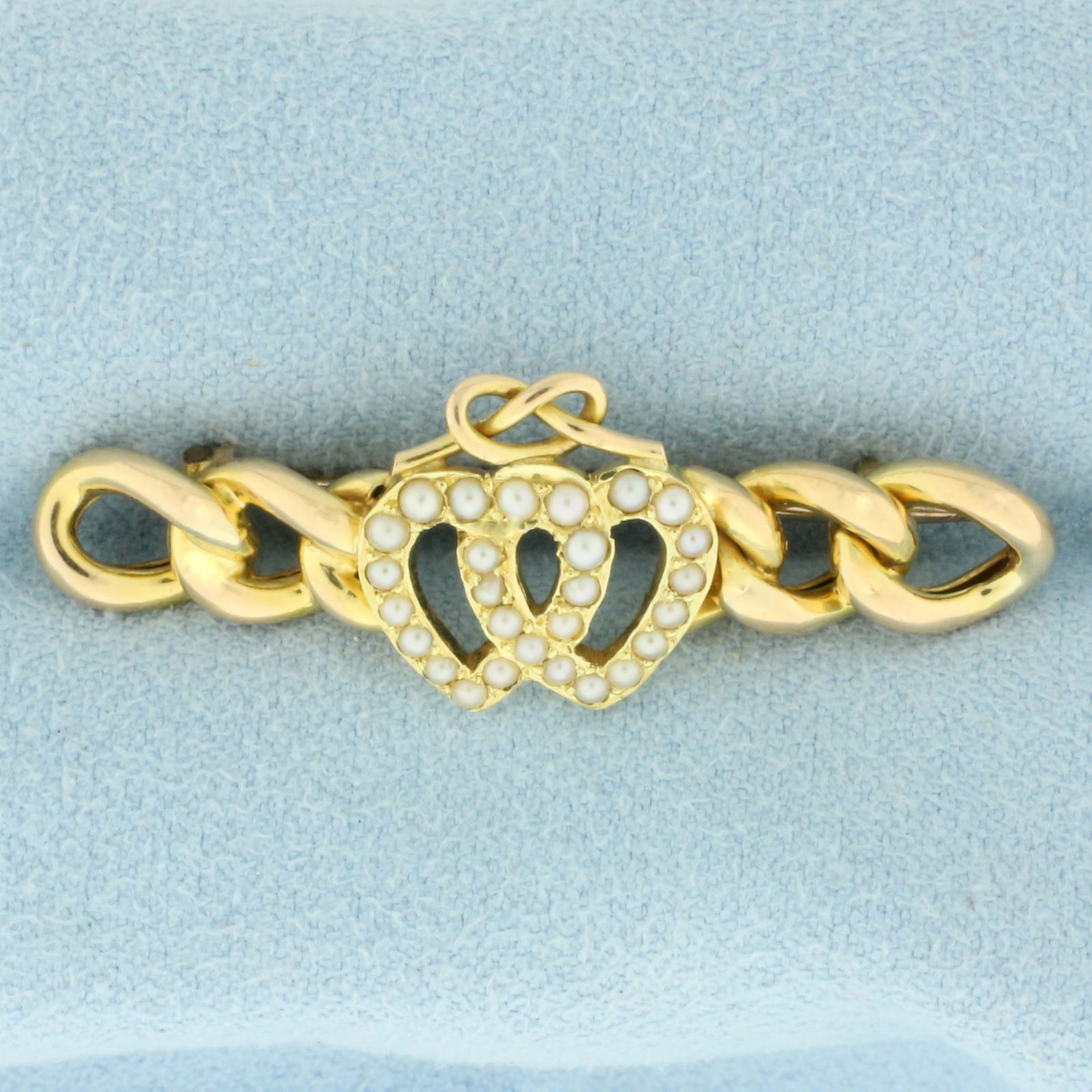 Antique 1894 Victorian Heart Seed Pearl Pin Brooch in 15k Yellow Gold: In 15k yellow gold. Dated and engraved "1894". Measure 1 1/4 inch long and 1/4 inch wide. 3.9g.
