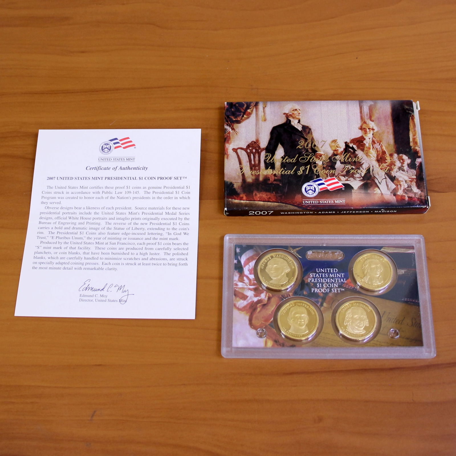 2007 US Mint Presidential $1 Coin Proof Set: Contains one 2007 United States Mint presidential $1 coin proof set. Set in original government packaging, box, and certificate of authenticity. 2