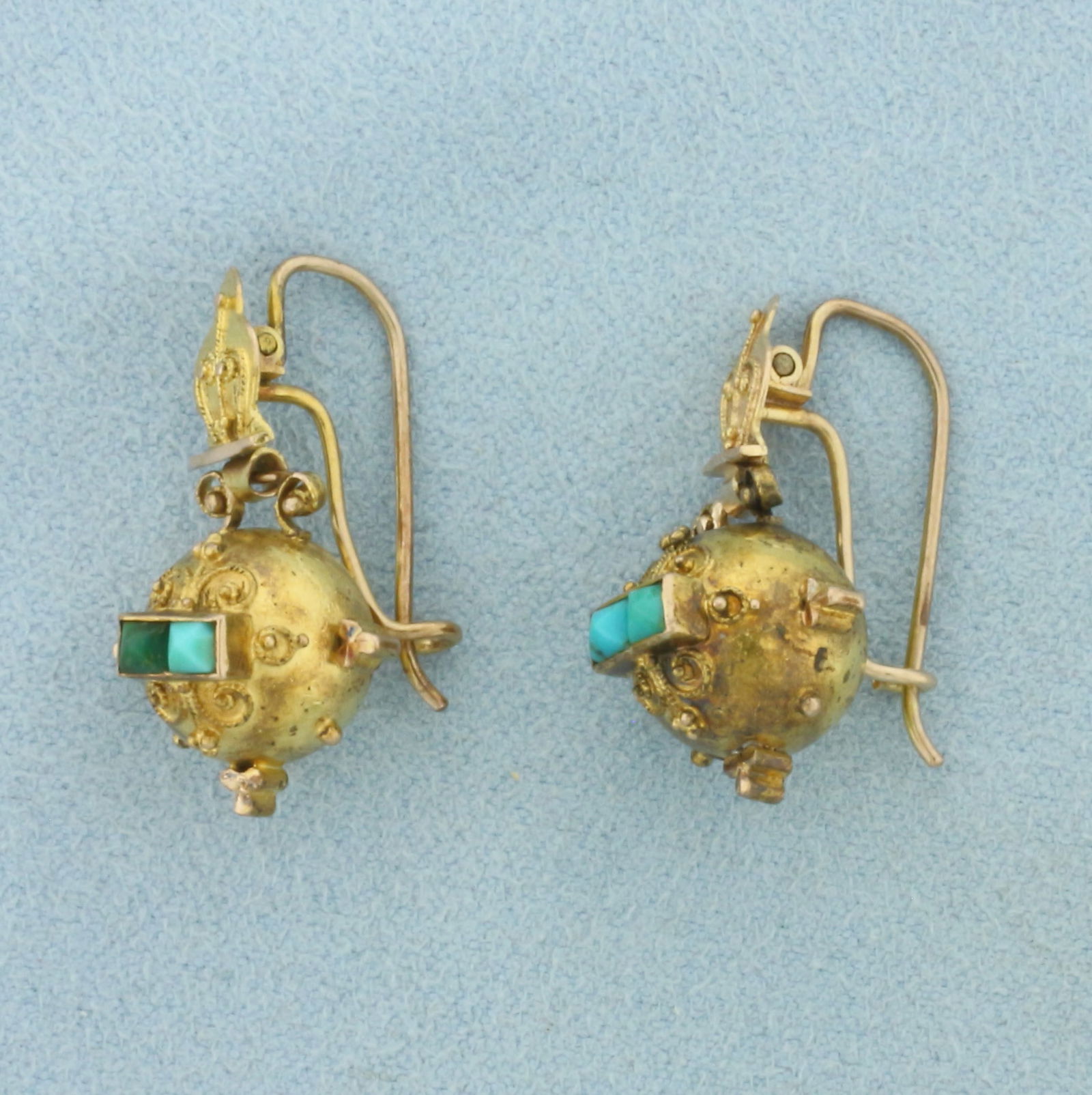 Antique Turquoise Dangle Earrings in 10k Yellow Gold (1 of 2)