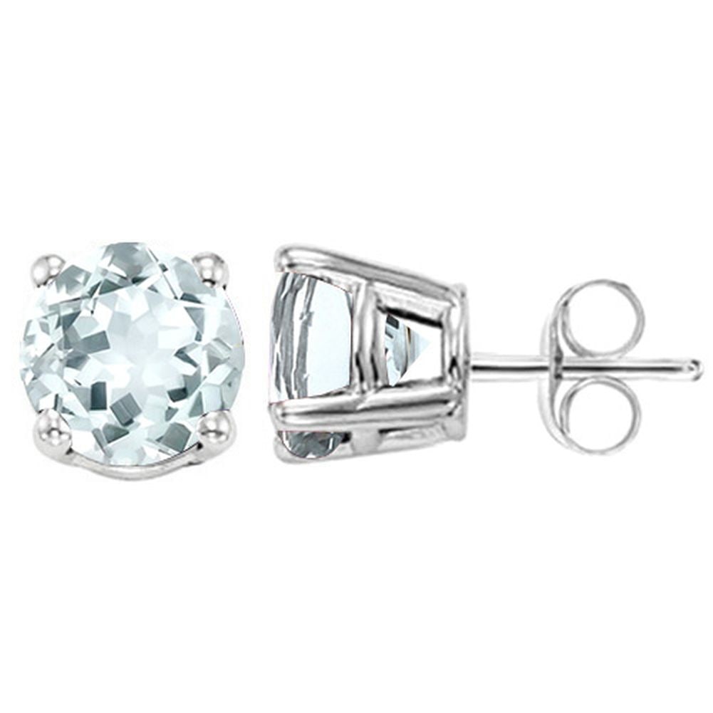 5MM Round Cut Aquamarine .9CTW Stud Earrings in Sterling Silver: In platinum over .925 sterling silver basket mountings with friction backs included. Contains 2 round cut aquamarine gemstones with excellent light color and clarity, approx. 0.9CTW, 5mm each. 0.9g