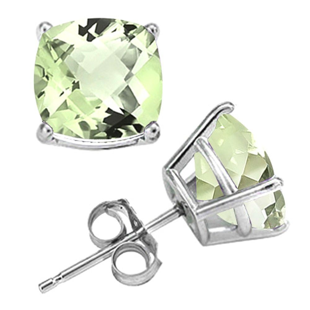 10MM Cushion Cut Green Amethyst 8CTW Stud Earrings in Sterling Silver: In platinum over .925 sterling silver basket mountings with friction backs included. Contains 2 cushion cut green amethyst gemstones with excellent color and clarity,approx. 8CTW, 10mm each. 3.4g