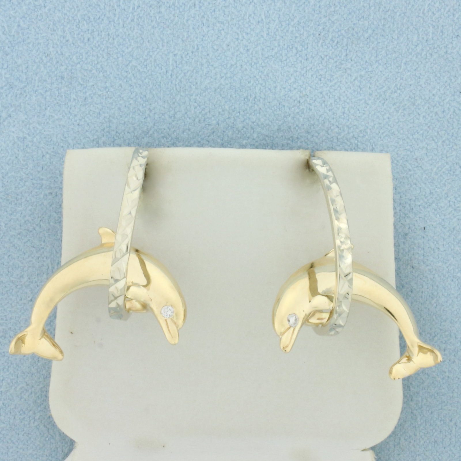 Diamond Dolphin Hoop Earrings in 14k Yellow and White Gold (1 of 3)