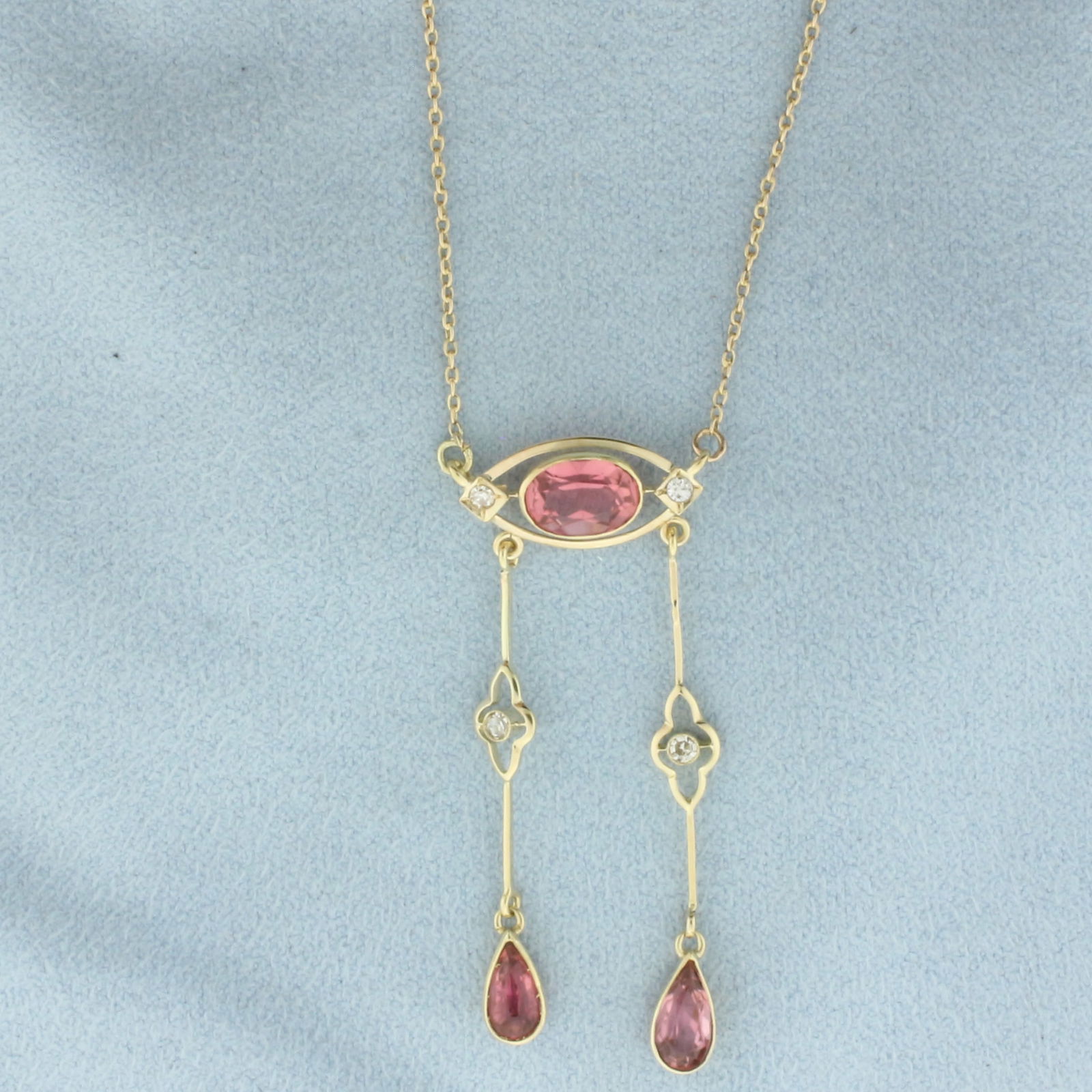 Vintage Morganite and Diamond Lavalier Dangle Necklace in 14k Yellow Gold (1 of 2)