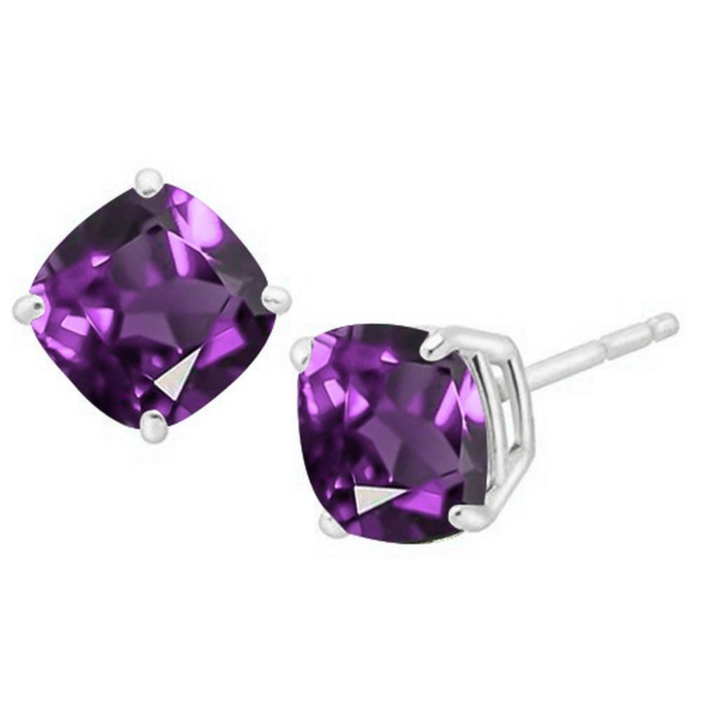 5MM Cushion Cut Amethyst 1.1CTW Stud Earrings in Sterling Silver: In platinum over .925 sterling silver basket mountings with friction backs included. Contains 2 cushion cut amethyst gemstones with light lavendar purple color and excellent clarity,approx. 1.1CTW, 5m
