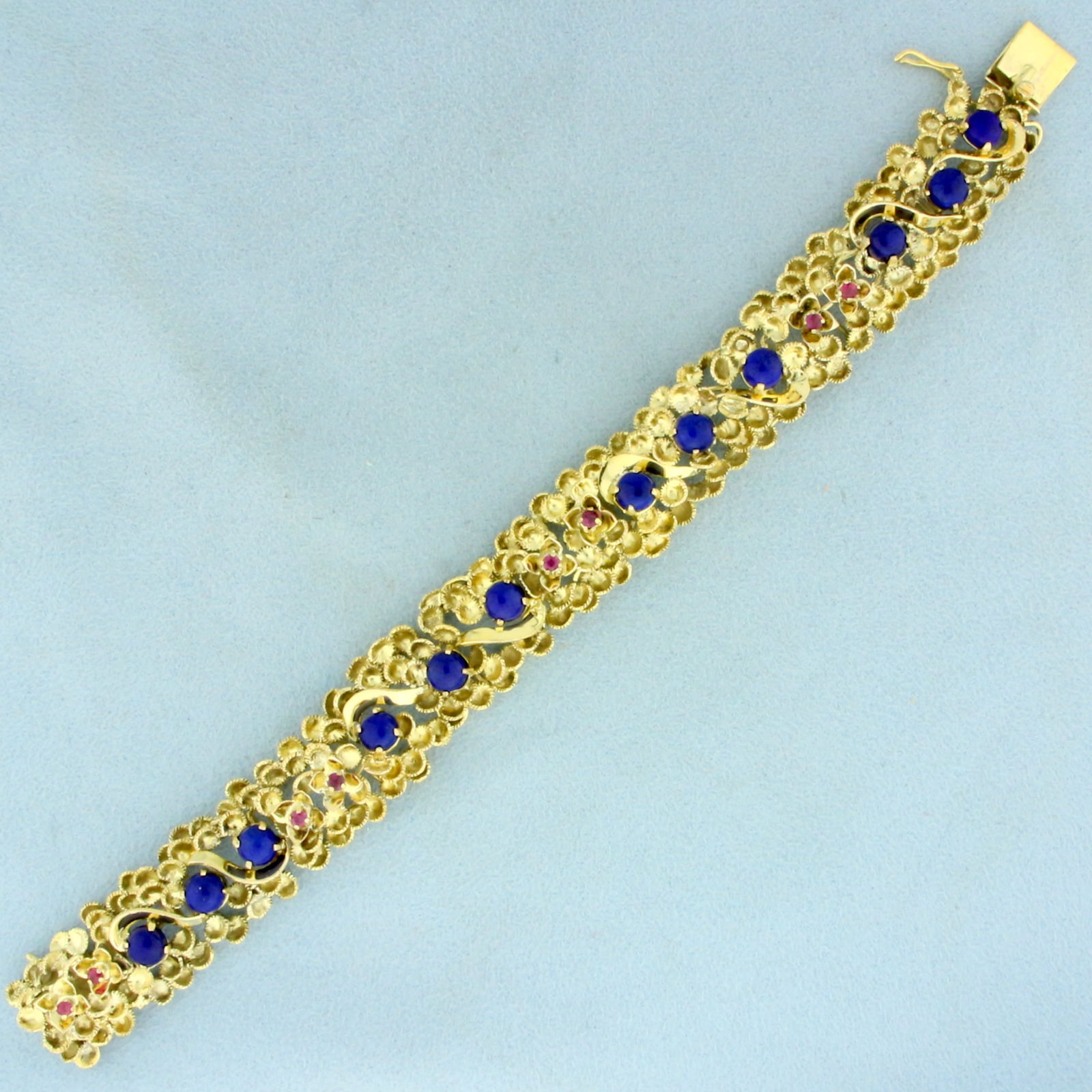 Designer Vintage Ruby and Lapis Lazuli Bracelet in 14K Yellow Gold (1 of 4)