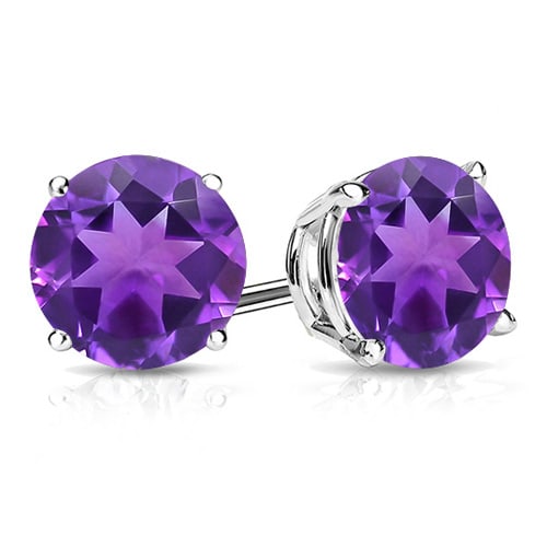 8MM Round Amethyst Stud Earrings in Sterling Silver: In platinum over .925 sterling silver basket mountings with friction backs included. Contains 2 round cut Amethyst gemstones with excellent color and clarity, approx. 3.5CTW, 8mm each. 2.0g