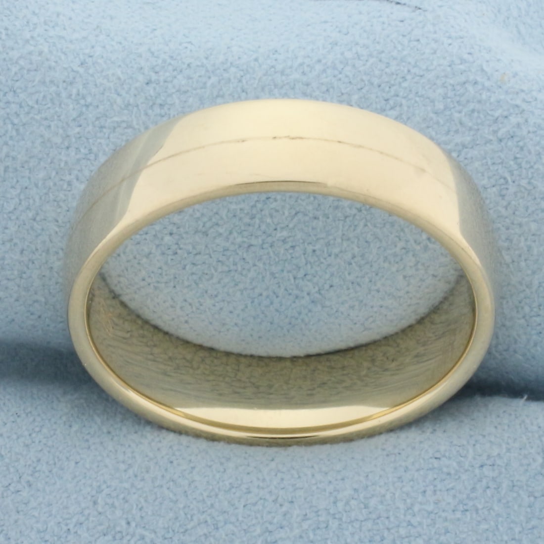 Mens 6mm Wedding Band Ring in 14k Yellow Gold: In 14k yellow gold. 6.3mm wide. High polish with thin line design around center. Size: 12.5. 9.5g.
