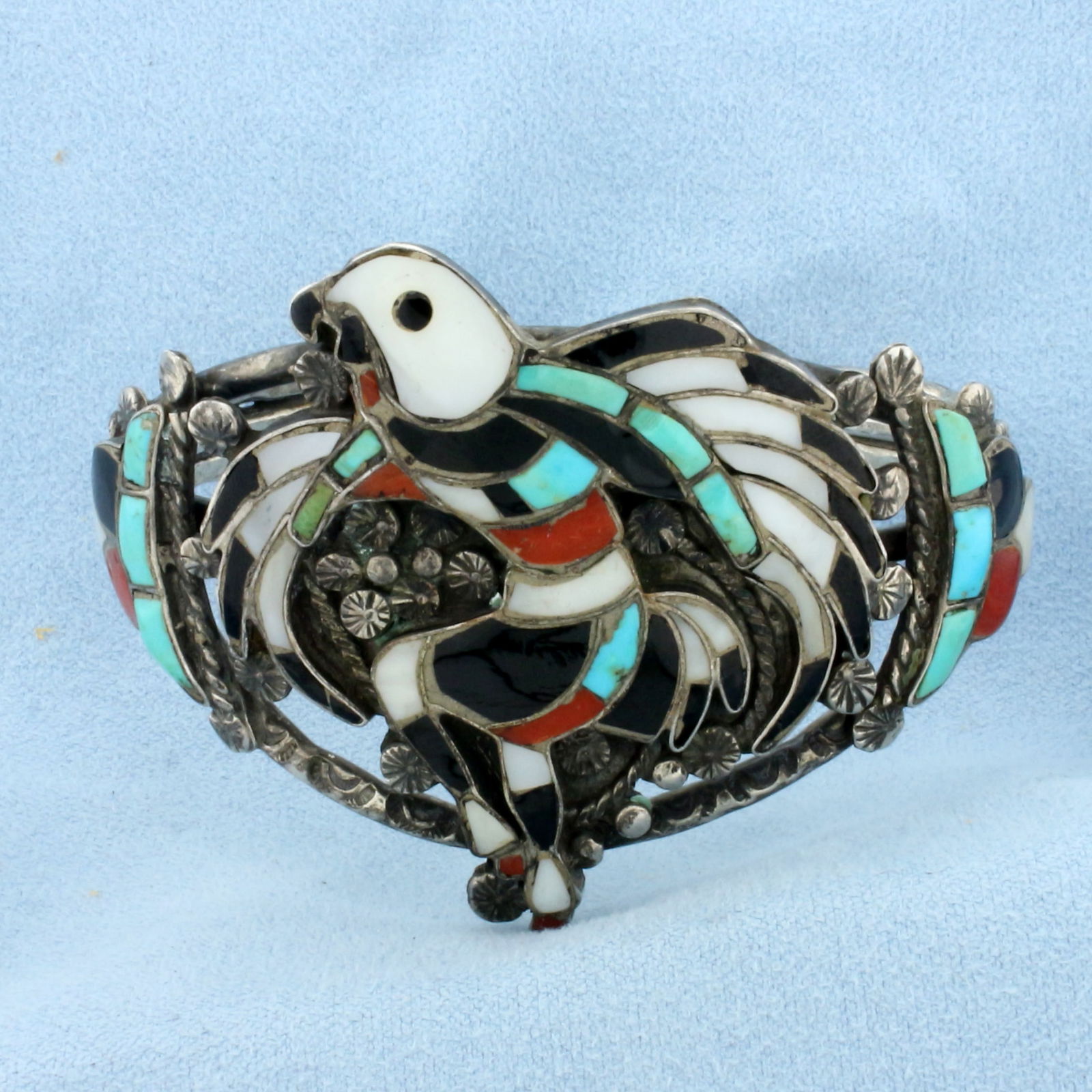 J. Lucio Signed Eagle Dancer Inlay Cuff Bracelet in Sterling Silver (1 of 3)