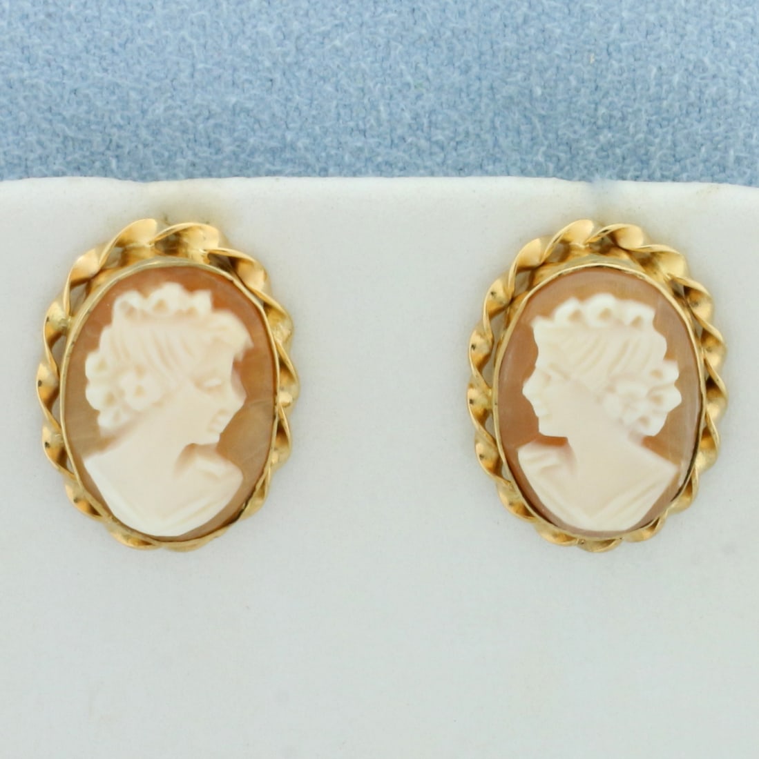 Designer Van Dell Cameo Earrings in 14K Yellow Gold: In 14K Yellow Gold. 3/4 inches long. Friction backs. 3.2g.