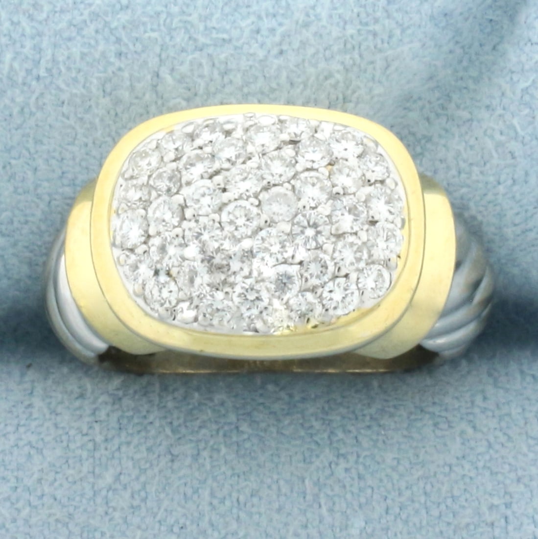 Pave Diamond Cable Design Ring in 18k Yellow and White Gold: In 18k Yellow and White Gold. Contains forty high quality .02ct diamonds, VS clarity/G color. 11.6m wide at widest point. Size 4.5. 7.3g.