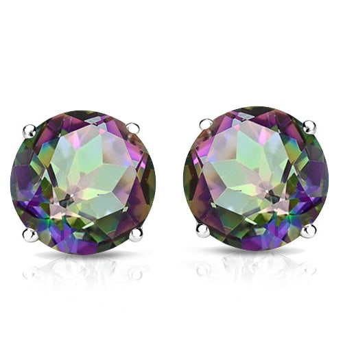 10MM Round Mystic Topaz Stud Earrings in Sterling Silver: In platinum over .925 sterling silver basket mountings with friction backs included. Contains 2 round cut Mystic Topaz gemstones with excellent color and clarity, approx. 7CTW, 10mm each. 3.3g