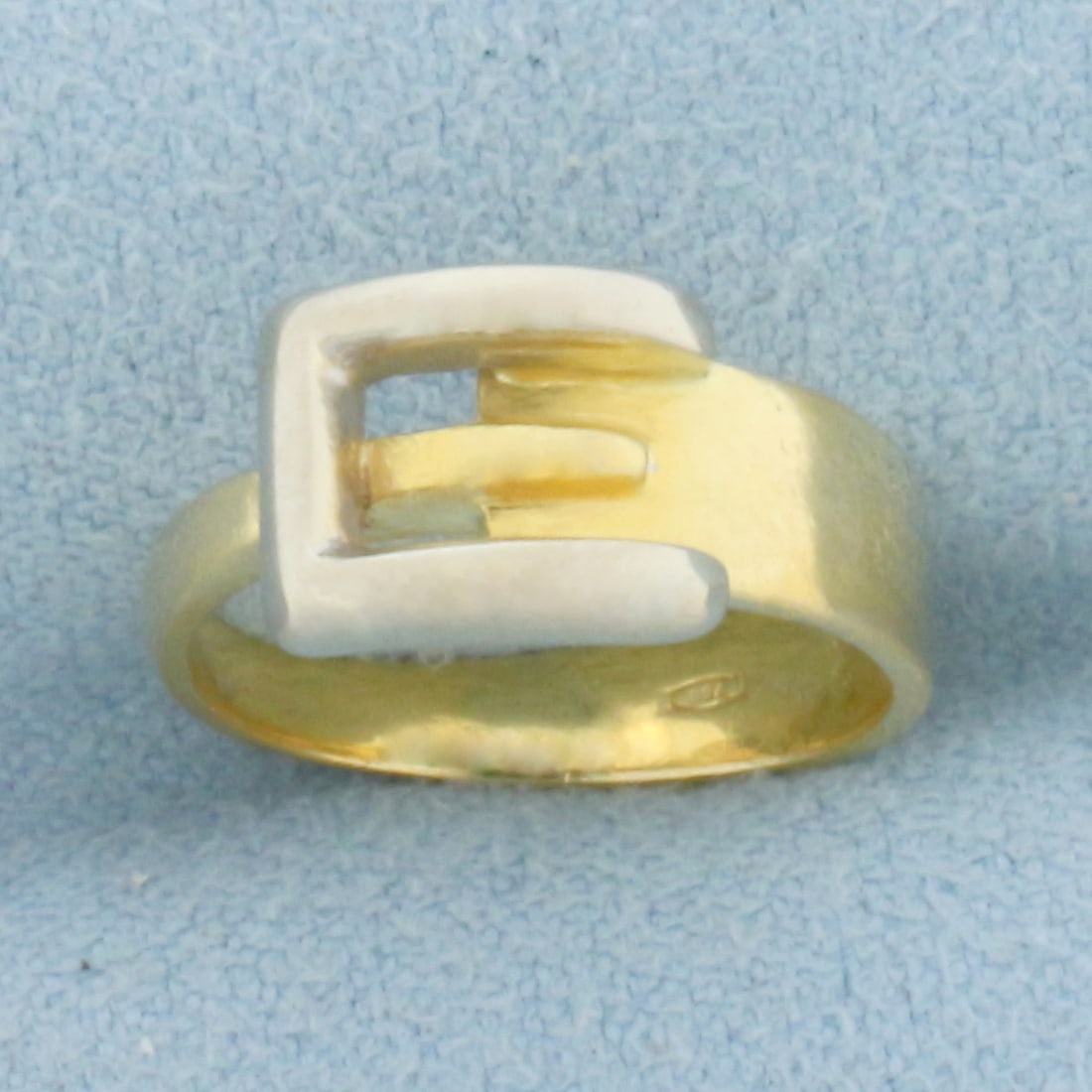 Belt Buckle Ring in 18k Yellow and White Gold: In 18k Yellow and White Gold. 7.6mm wide at widest point. Size 3. 3.6g.
