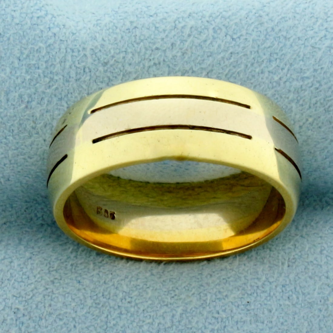 Mens Two Tone Wedding Band Ring in 14k Yellow and White Gold: In 14k Yellow and White Gold. White Gold inner band, yellow gold outer bands. Unique look. 8.2mm wide. Size 10.5. 11.8g.