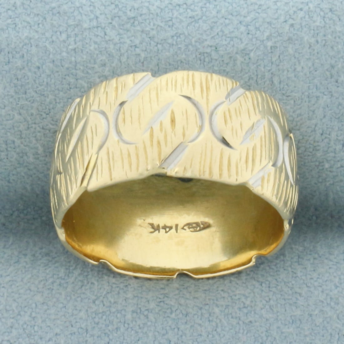 Two Tone Wood Grain Design Band Ring in 14k Yellow and White Gold: In 14k Yellow and White Gold. 9.5mm wide. Size 7.25. 6.8g.