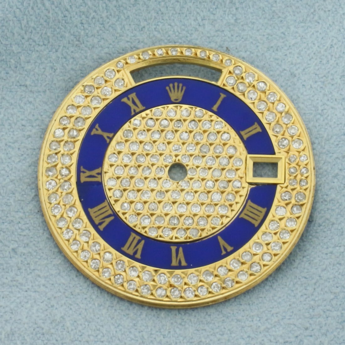 Aftermarket Rolex Diamond and Blue Enamel 36mm Day Date Dial: In 18k Yellow Gold Sterling Silver. 29mm diameter. Compatible with Rolex Day Date 36mm watches (i.e. Model 18038 Presidential).