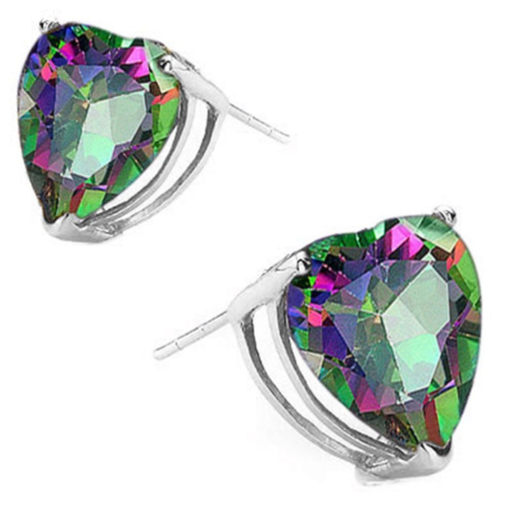 8MM Heart Cut Mystic Topaz 3.75CTW Stud Earrings in Sterling Silver: In platinum over .925 sterling silver basket mountings with friction backs included. Contains 2 heart cut mystic topaz gemstones with excellent color and clarity,approx. 3.75CTW, 8mm each. 2.0g