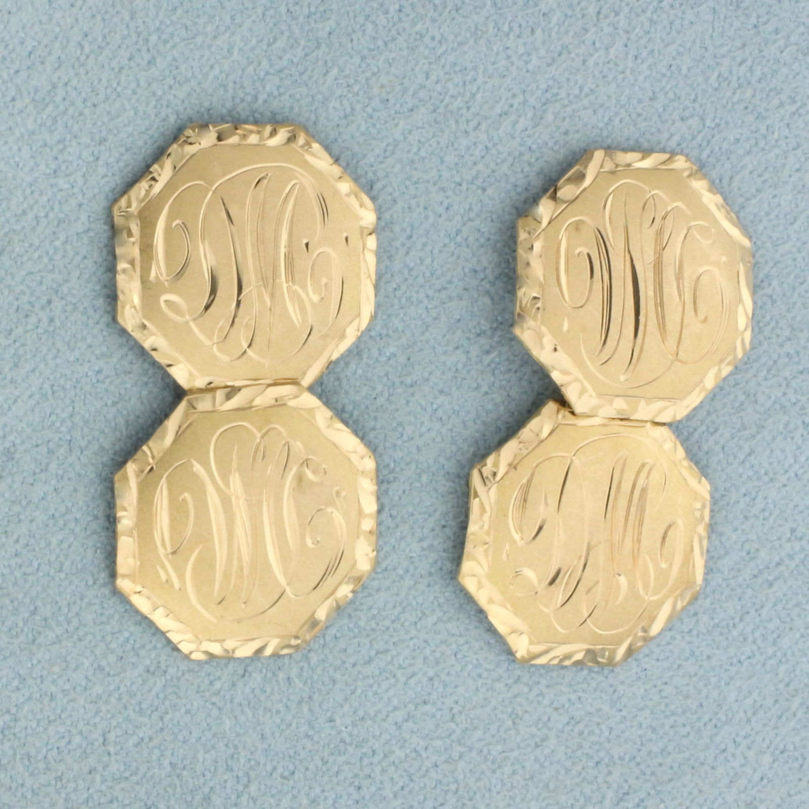 Antique Engraved Cufflinks in 14k Yellow Gold: In 14k yellow gold. Each link is 5/8 inches wide. Fancy hand engraved monogram (could be DM or WG). 3.3g.