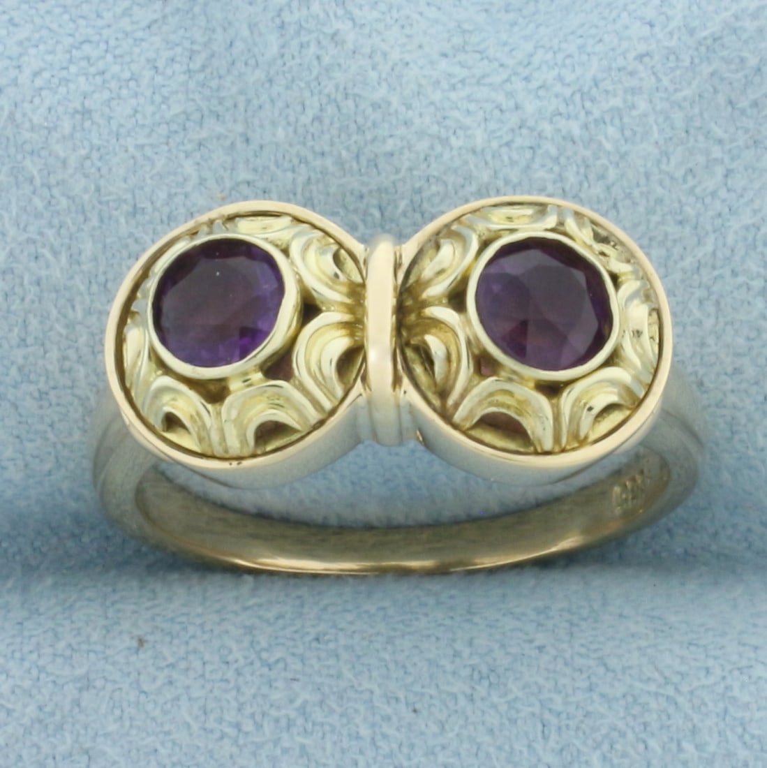 Vintage Twin Amethyst Ring in 14k Yellow Gold: In 14k Yellow Gold. Contains two high quality natural 5mm Amethyst gemstones with intense color and excellent clarity. 10mm wide at top. Size 9.5. 6.3g.