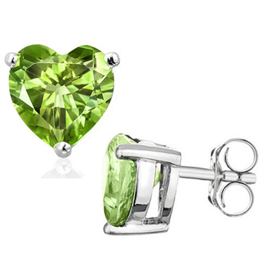 6MM Heart Cut Peridot 1.85CTW Stud Earrings in Sterling Silver: In platinum over .925 sterling silver basket mountings with friction backs included. Contains 2 heart cut peridot gemstones with excellent color and clarity,approx. 1.85CTW, 6mm each. 1.3g