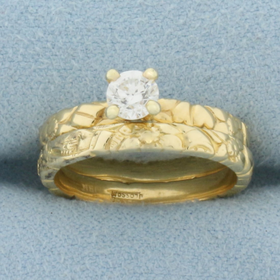 Solitaire Diamond Engagement Ring and Wedding Band Bridal Set in 18K Yellow Gold: In 18K Yellow Gold. Engagement ring contains one high quality .4ct round brilliant diamond, VS clarity/G color, great cut for lots of sparkle. Band is 2.6mm wide. Size 6 1/4. Unique intricate design o