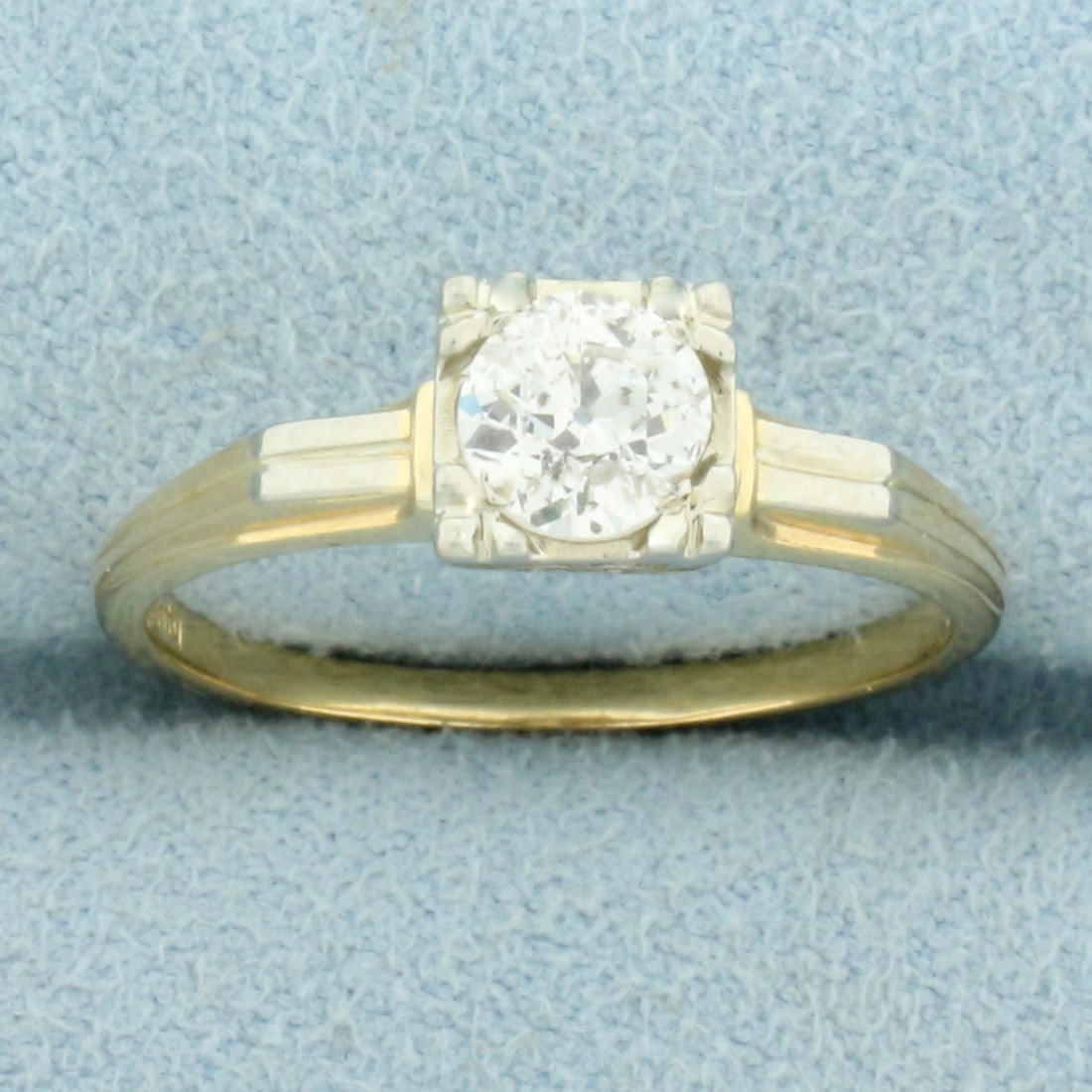 Antique Solitaire Old European Cut Diamond Engagement Ring in 14K Yellow Gold: In 14K Yellow Gold with 18k White Gold Head. Contains one high quality 0.6ct old European cut Diamond, H color/I clarity. Size 7 1/2. 2.2g.