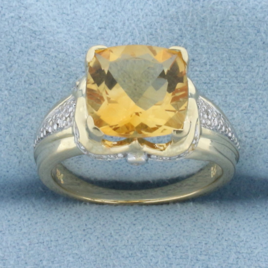 Checkerboard Cut Citrine and Diamond Ring in 14k Yellow Gold: In 14k yellow gold. Contains one high quality natural 10mm checkerboard cushion cut Citrine gemstone. approximately 4cts, with vibrant color and excellent clarity. Also contains twenty-two high qualit