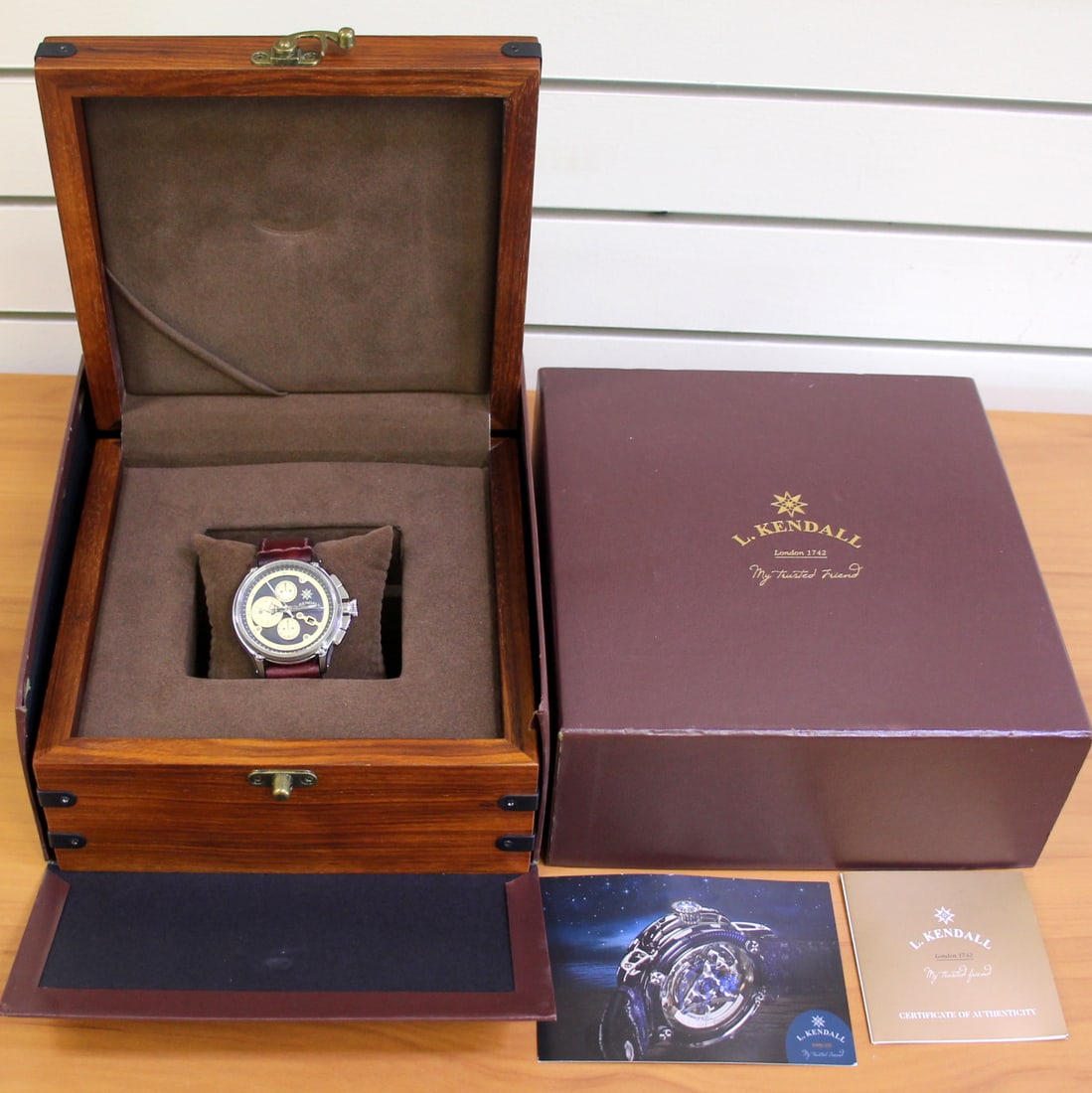 Mens Larcum Kendall K8 Automatic Watch Model K8-001A: Watch in like new condition, wore only a handful of times. Swiss made automatic movement runs great. Dial is black mother of pearl with cream frame. Water resistant 100M. Large 47m case. Brown leather