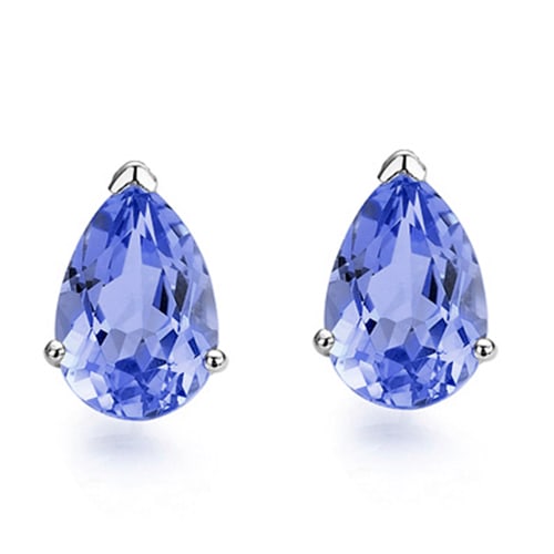 5x7 Pear Lab Tanzanite Earrings in Sterling Silver: In platinum over .925 sterling silver basket mountings with friction backs included. Contains 2 pear cut lab created Tanzanite gemstones with excellent color and clarity, approx. 2.2CTW, 5x7mm each. 1