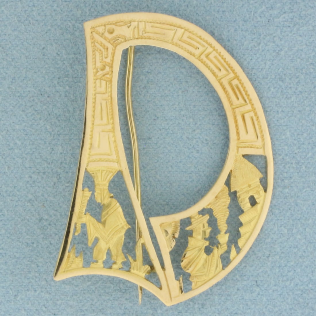 Vintage D Initial Brooch in 18k Yellow Gold: In 18k Yellow Gold. 1 1/2 inch long. 1 1/8 inch wide. 4.7g.