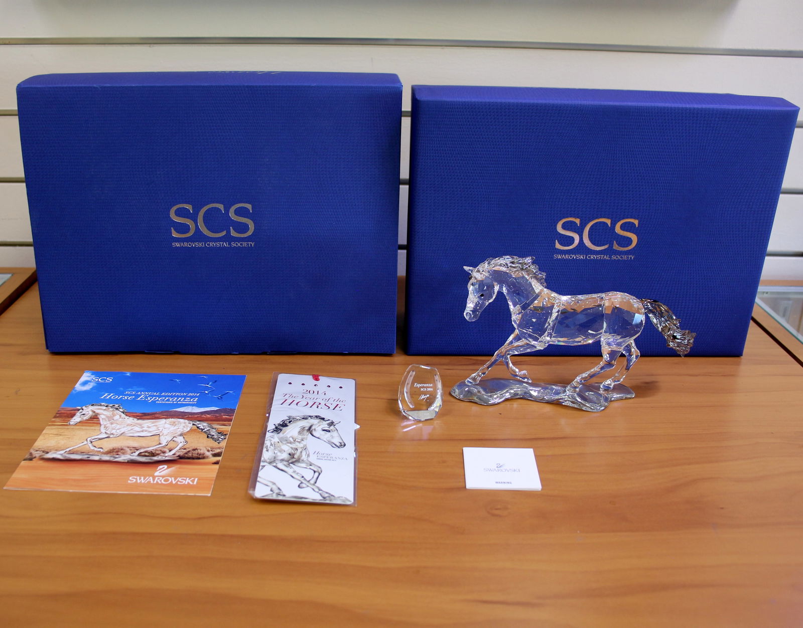 Swarovski Crystal 5004728 Horse Esperanza 2014 with Box and COA and Bookmark: Excellent condition with original box and certificate. Also includes Swarovski Crystal 5083161 2014 The Year of The Horse Esperanza Annual Edition collector's bookmark.