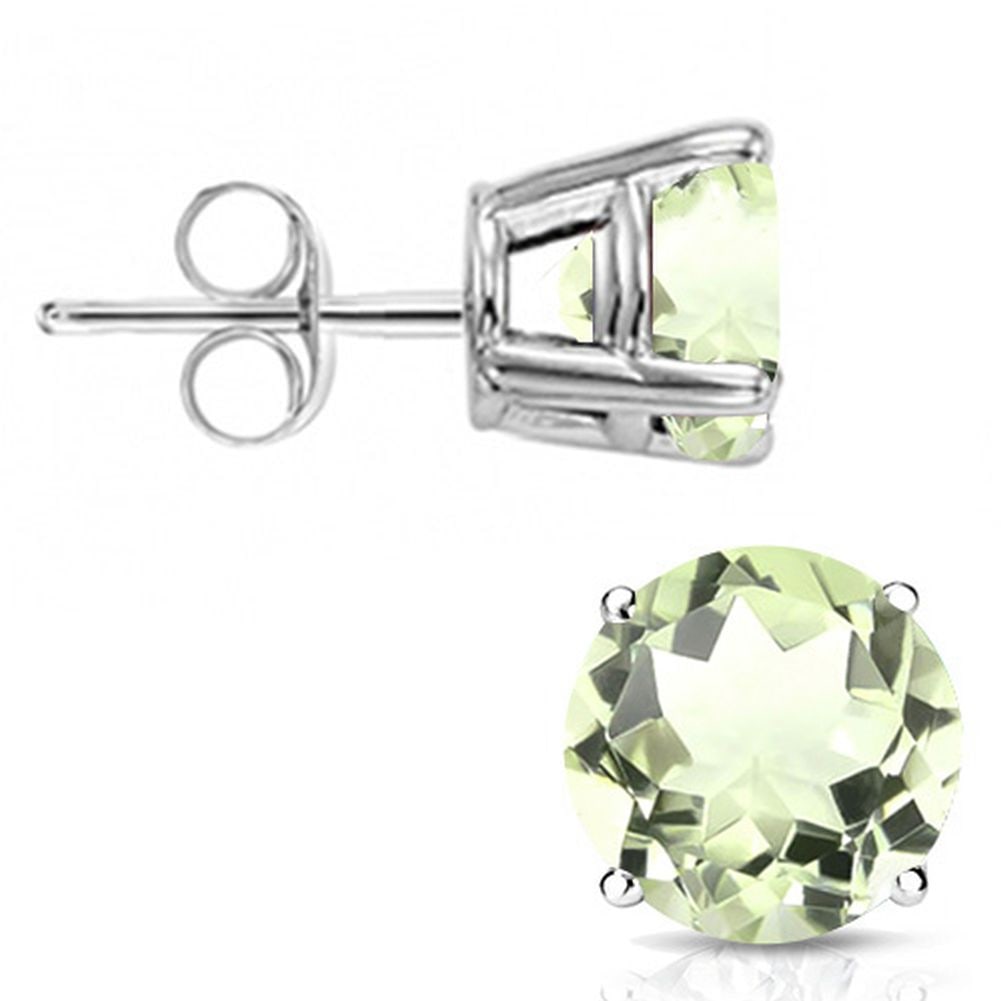 6MM Round Cut Light Green Amethyst 1.85CTW Stud Earrings in Sterling Silver: In platinum over .925 sterling silver basket mountings with friction backs included. Contains 2 round cut light green amethyst gemstones with light green color, approx. 1.85CTW, 6mm each. 1.4g